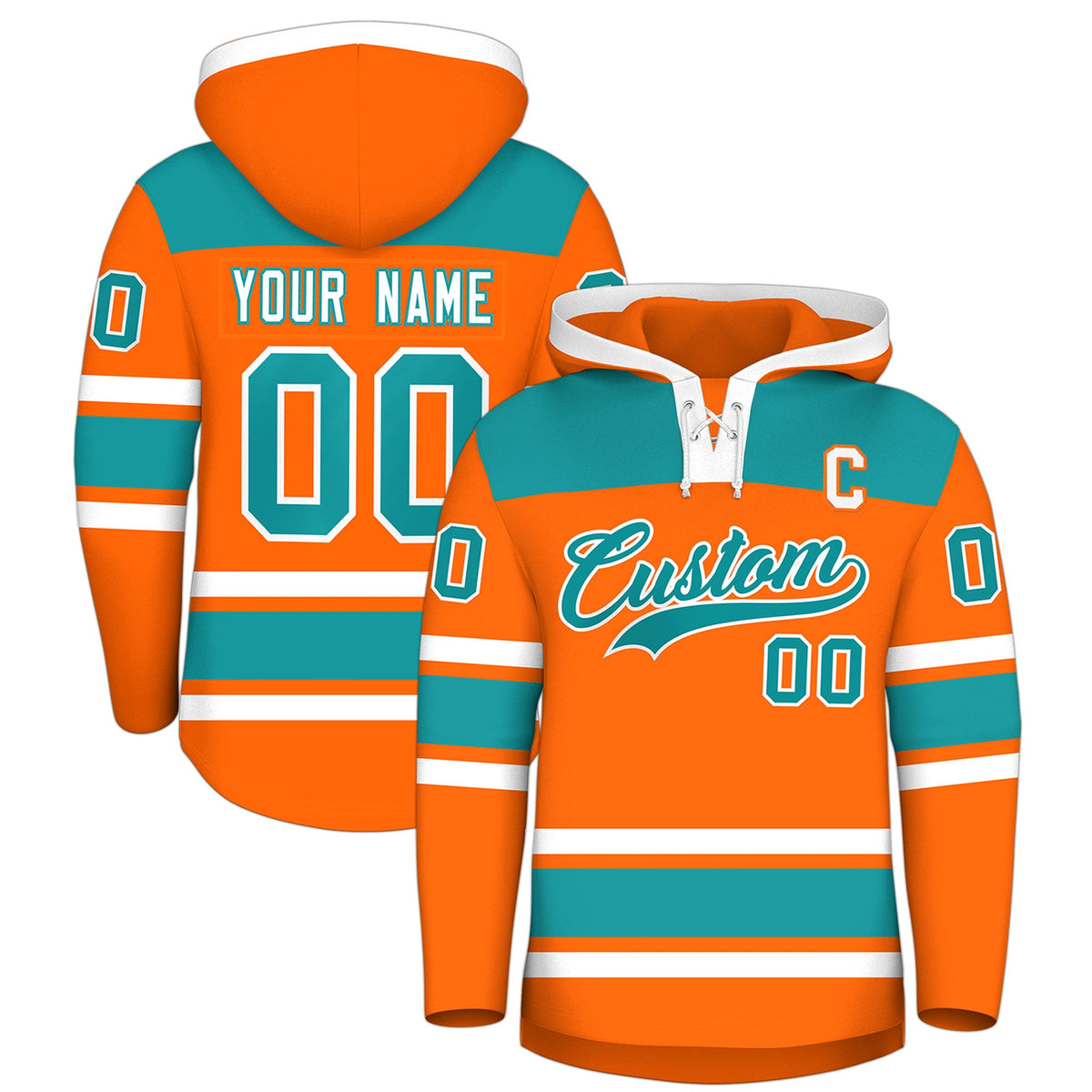 Custom Hockey Hoodie Jersey Orange Aqua Raglan Sleeves Lace-Up Neck Classic Team Colors Hoodie