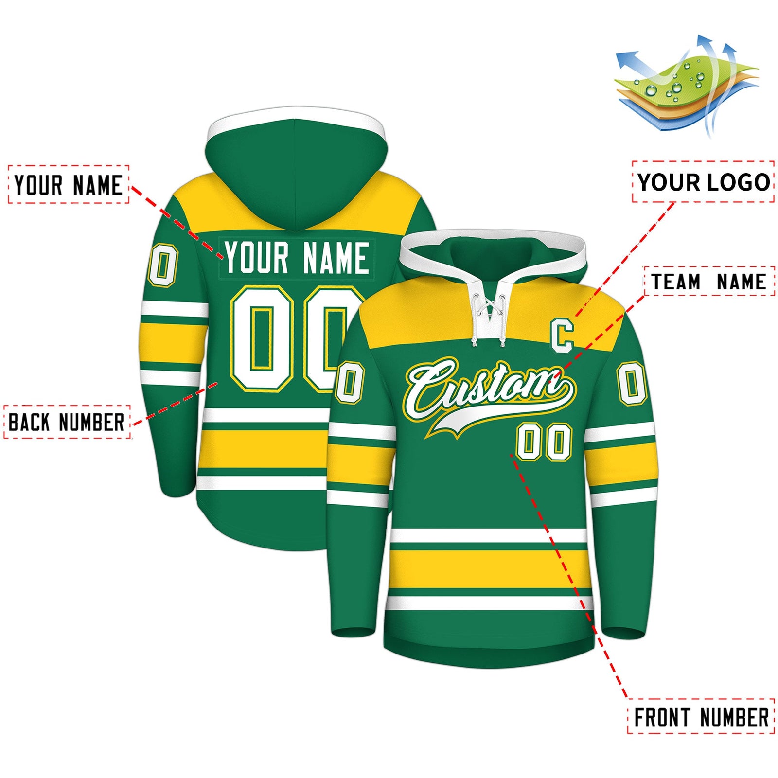 Custom Hockey Hoodie Jersey Kelly Green Gold Raglan Sleeves Lace-Up Neck Personalized Jersey for Men & Youth
