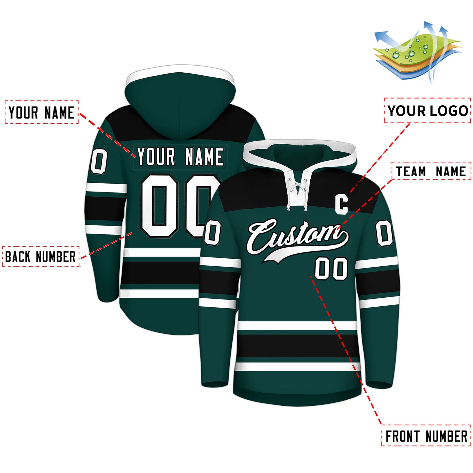 Custom Hockey Hoodie Jersey Midnight Green Black Raglan Sleeves Lace-Up Neck Personal Name & Number & Logo