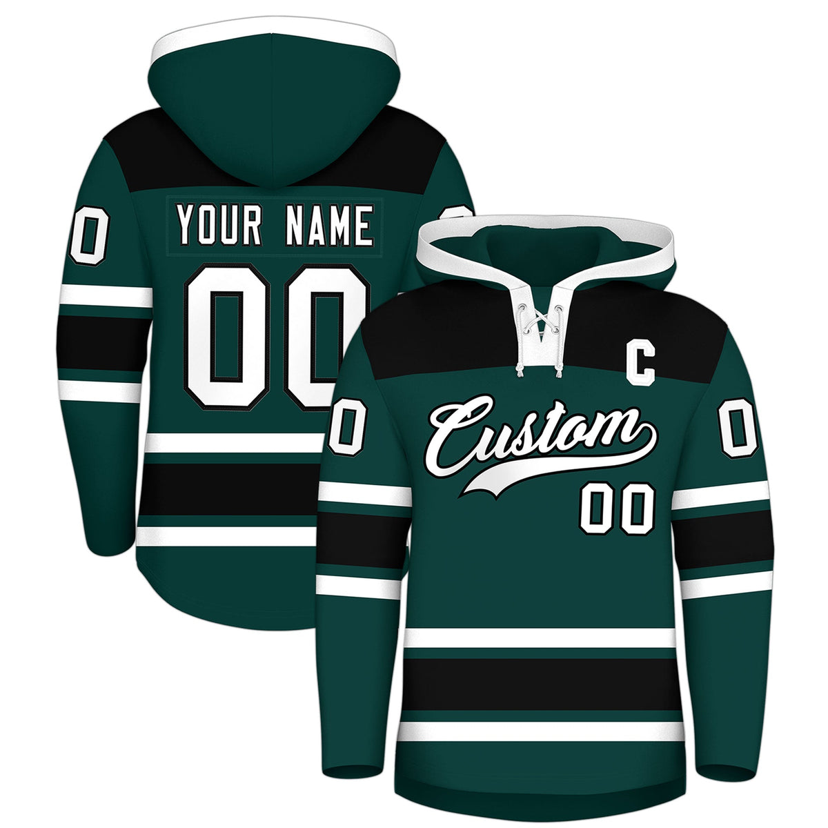 Custom Hockey Hoodie Jersey Midnight Green Black Raglan Sleeves Lace-Up Neck Personal Name &amp; Number &amp; Logo