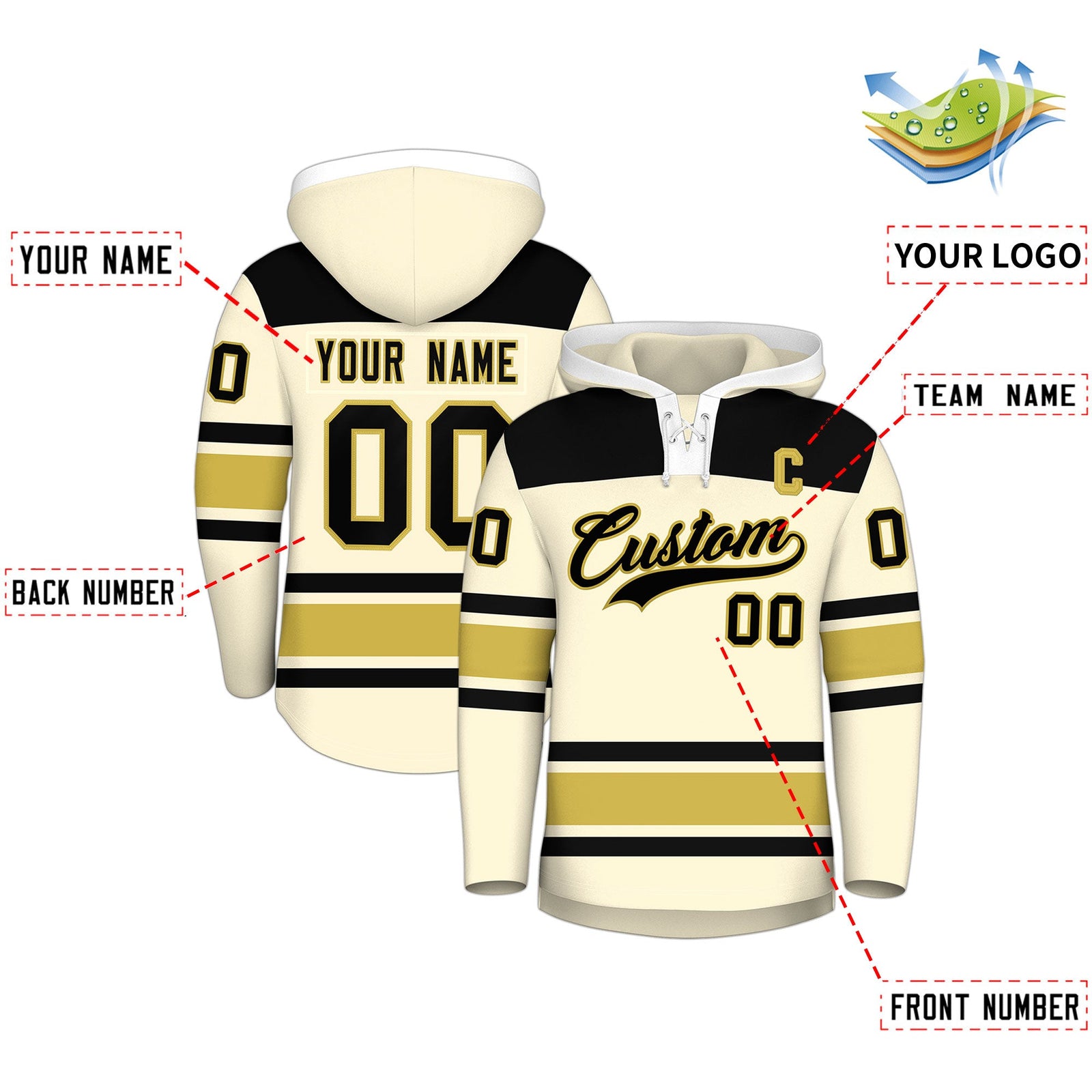 Custom Hockey Hoodie Jersey Cream Old Gold Raglan Sleeves Lace-Up Neck Personal Name & Number & Logo