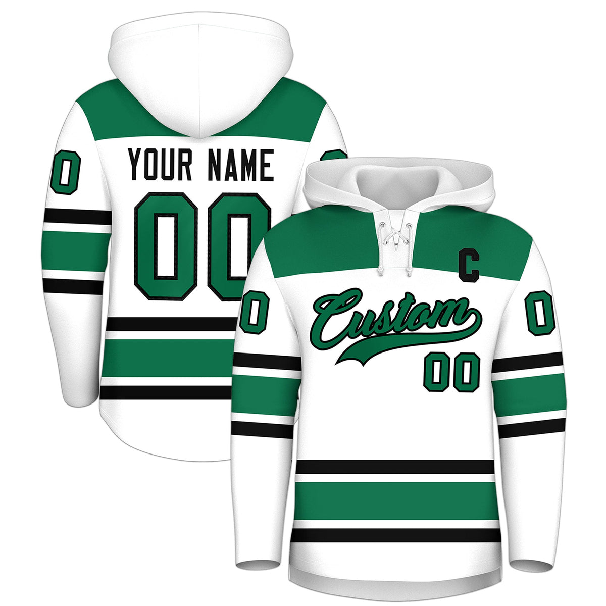Custom Hockey Hoodie Jersey White Kelly Green Raglan Sleeves Lace-Up Neck Classic Team Colors Hoodie