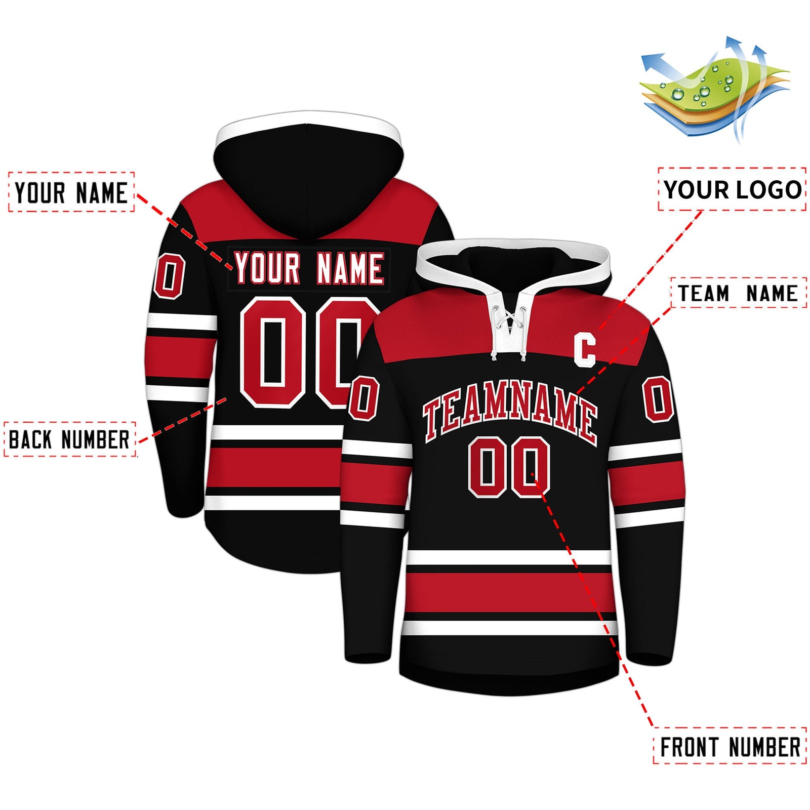 Custom Hockey Hoodie Jersey Black Red Raglan Sleeves Lace-Up Neck Personalized Jersey for Men & Youth