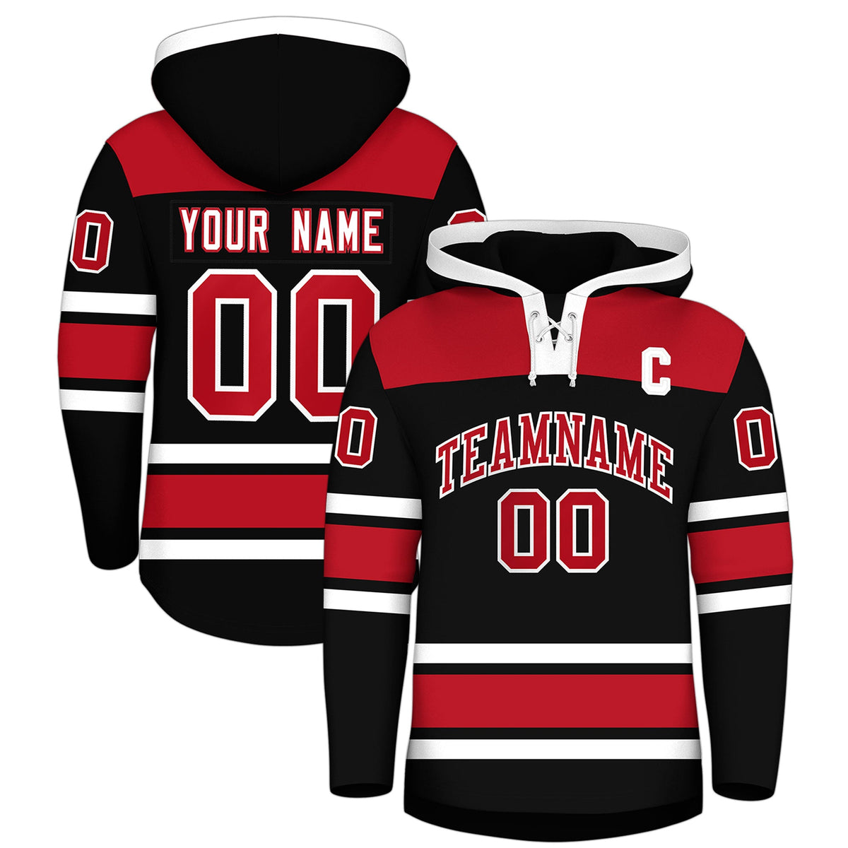 Custom Hockey Hoodie Jersey Black Red Raglan Sleeves Lace-Up Neck Personalized Jersey for Men &amp; Youth