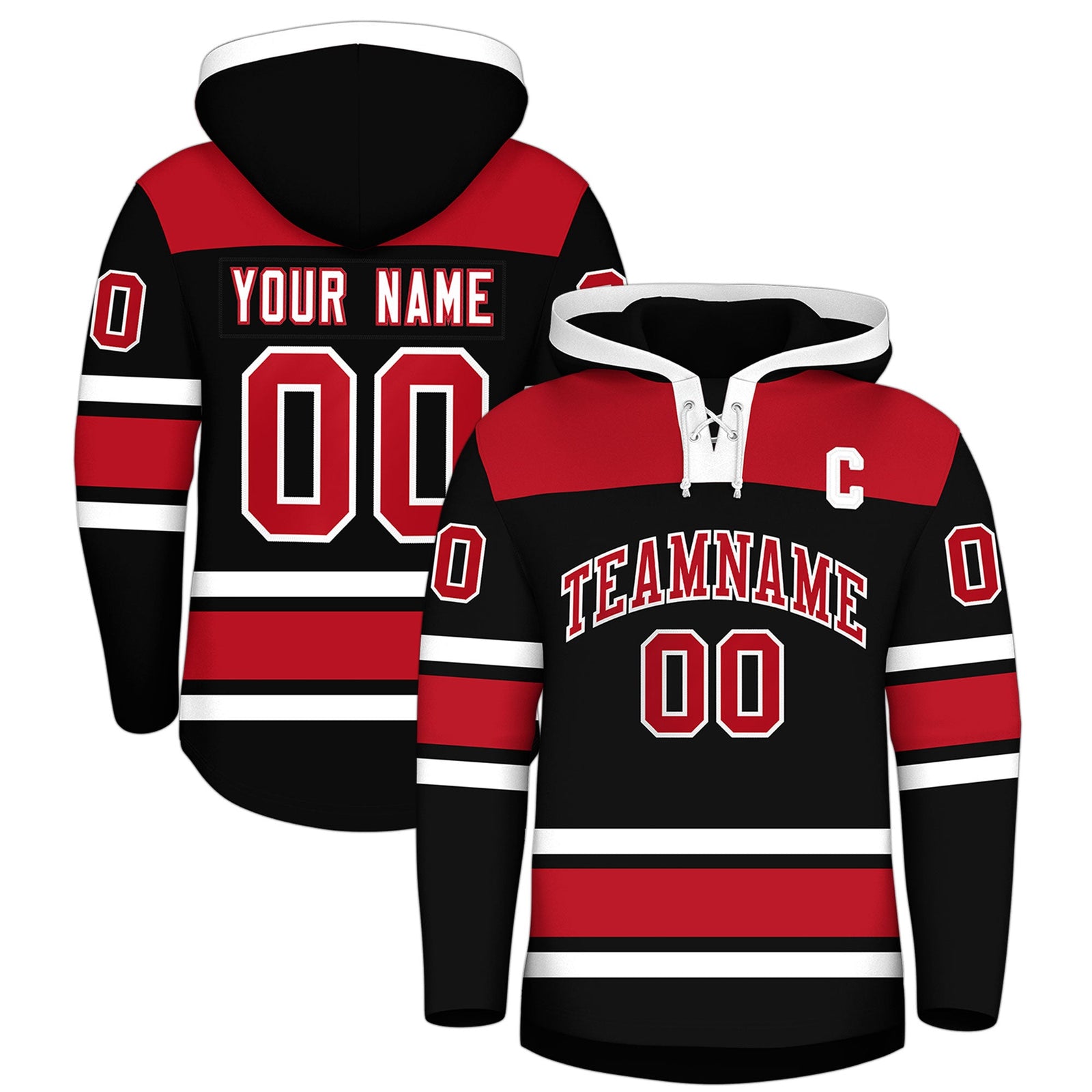 Custom Hockey Hoodie Jersey Black Red Raglan Sleeves Lace-Up Neck Personalized Jersey for Men & Youth