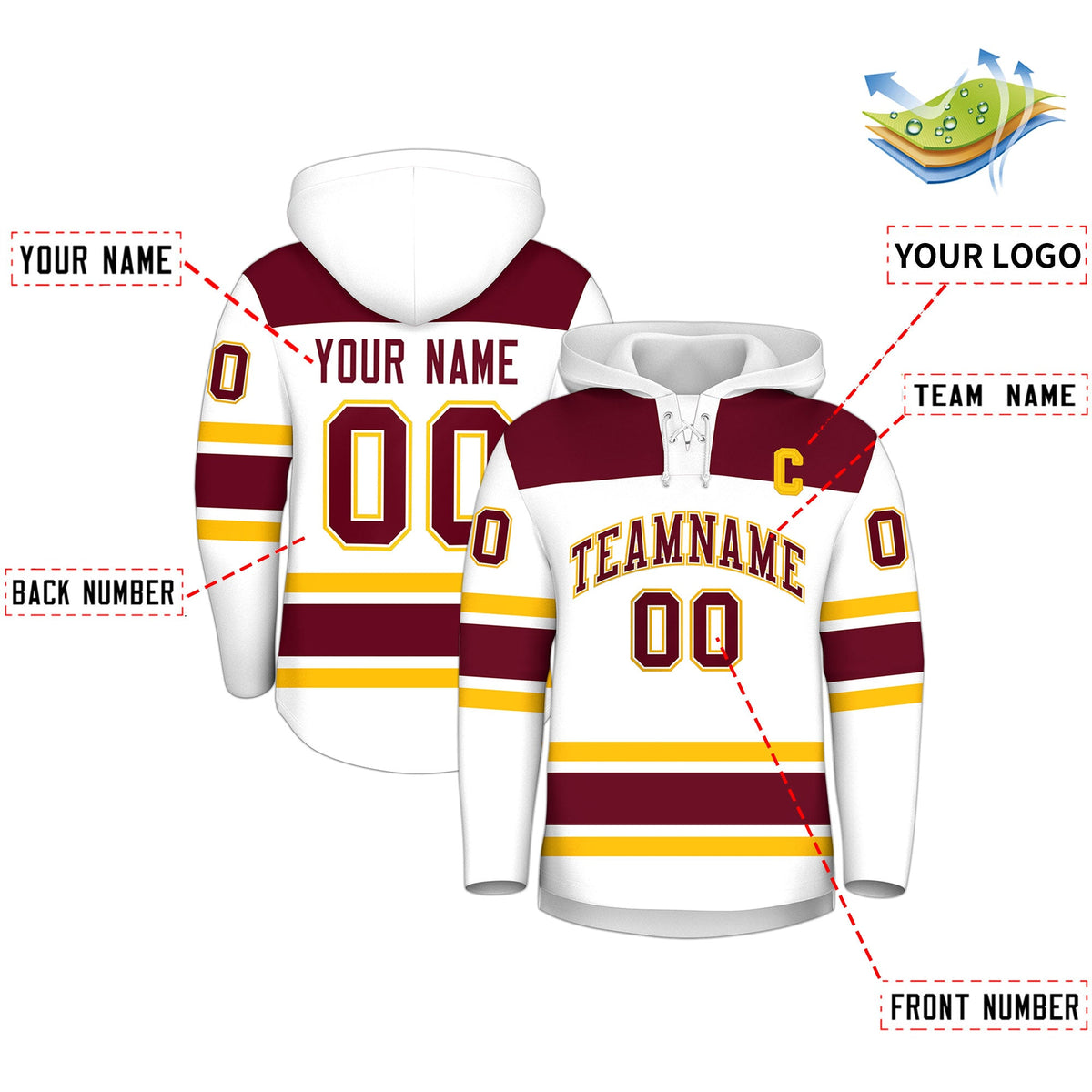 Custom Hockey Hoodie Jersey White Crimson Raglan Sleeves Lace-Up Neck Personalized Jersey for Men &amp; Youth