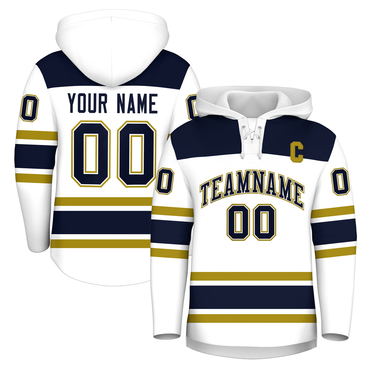 Custom Hockey Hoodie Jersey White Navy Raglan Sleeves Lace-Up Neck Personal Name &amp; Number &amp; Logo