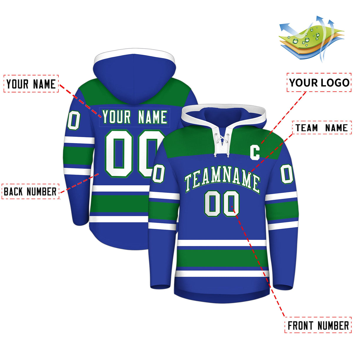 Custom Hockey Hoodie Jersey Royal Blue Kelly Green Raglan Sleeves Lace-Up Neck Classic Team Colors Hoodie