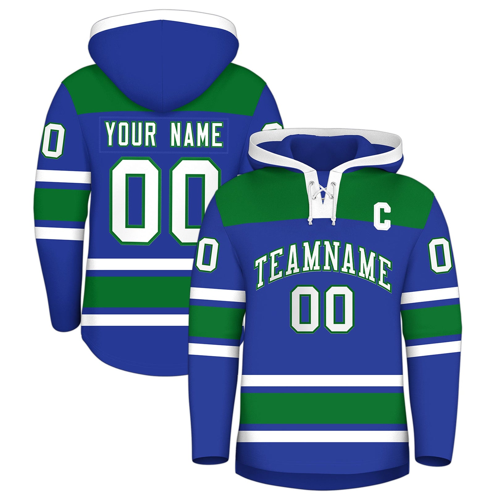Custom Hockey Hoodie Jersey Royal Blue Kelly Green Raglan Sleeves Lace-Up Neck Classic Team Colors Hoodie