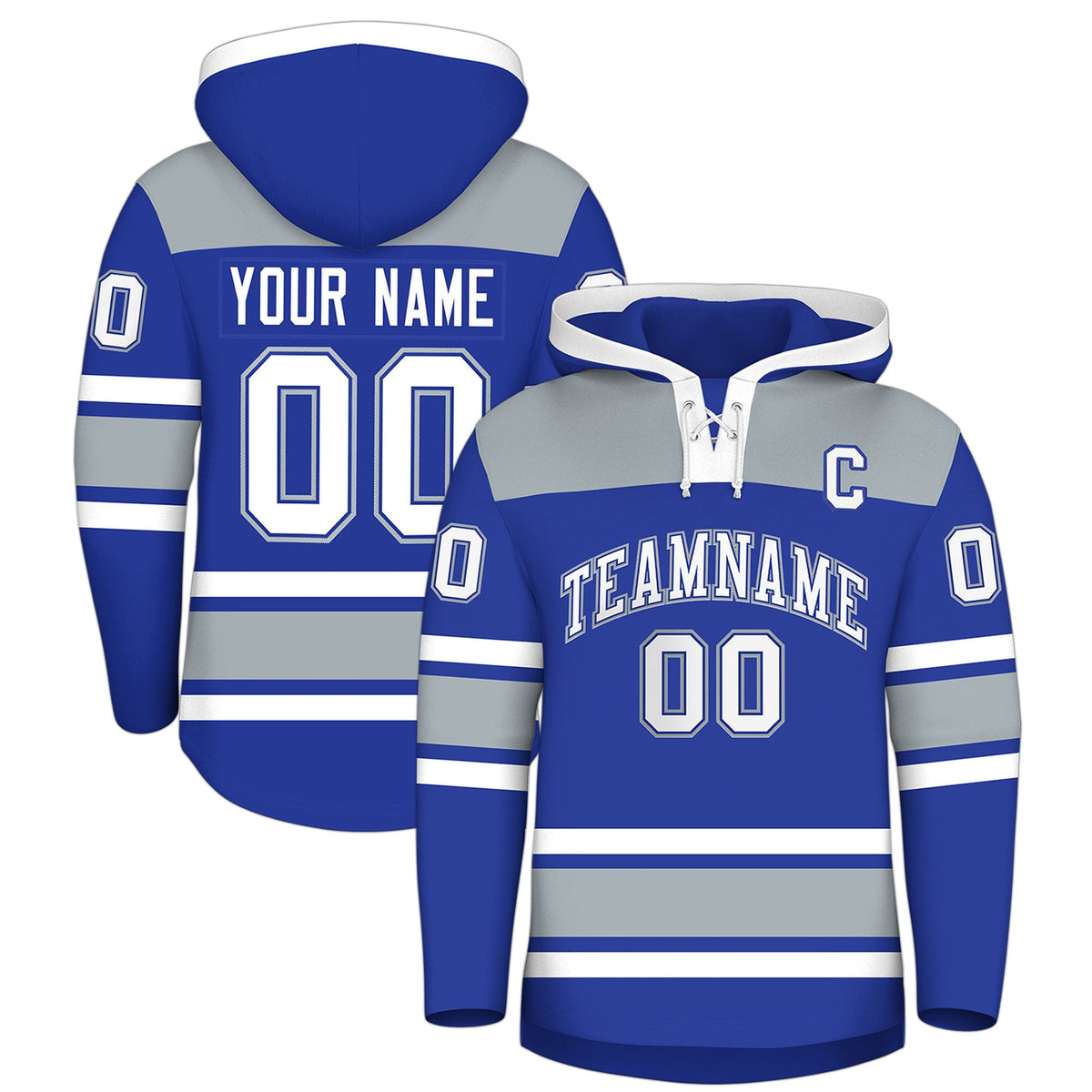 Custom Hockey Hoodie Jersey Royal Blue Silver Raglan Sleeves Lace-Up Neck Personalized Jersey for Men &amp; Youth