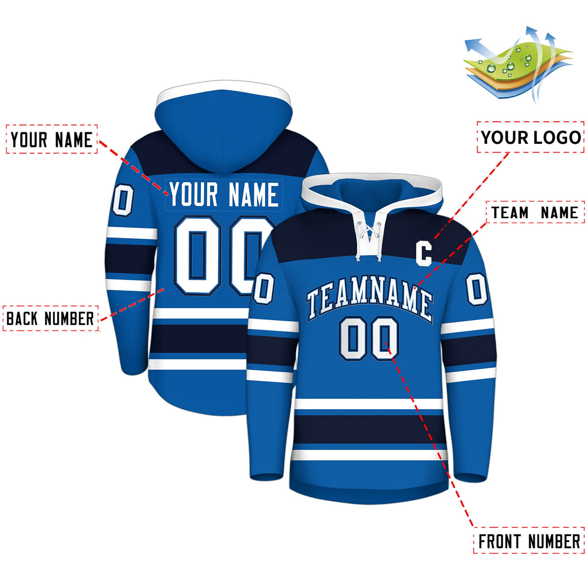 Custom Hockey Hoodie Jersey Royal Navy Raglan Sleeves Lace-Up Neck Personal Name &amp; Number &amp; Logo