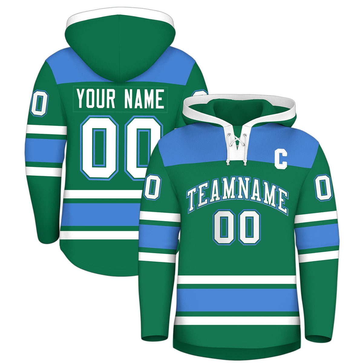 Custom Hockey Hoodie Jersey Kelly Green Powder Blue Raglan Sleeves Lace-Up Neck Classic Team Colors Hoodie