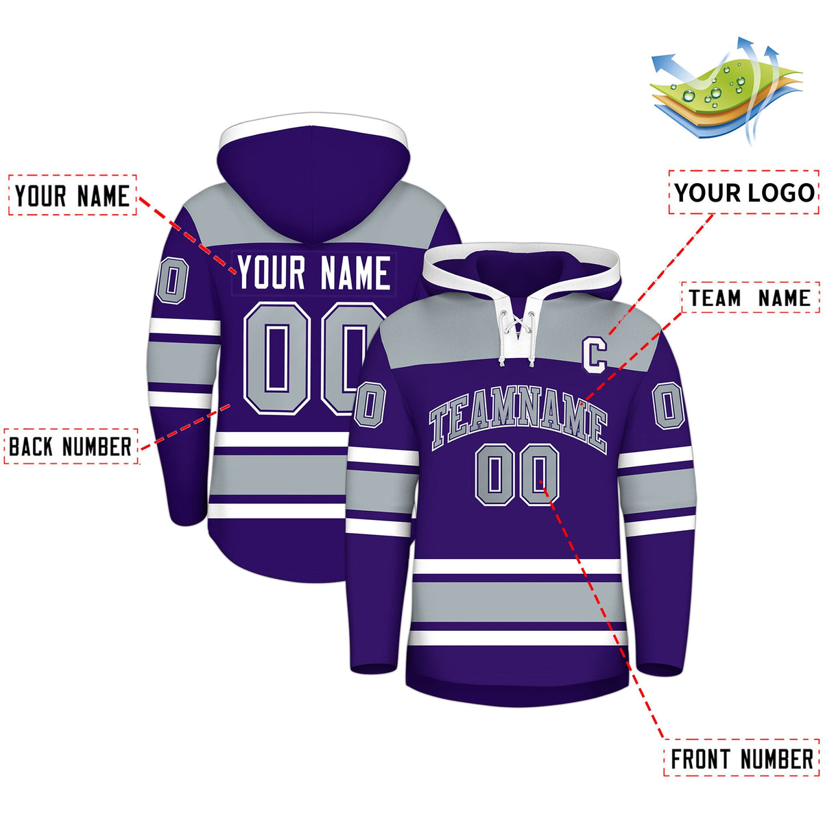 Custom Hockey Hoodie Jersey Purple Silver Raglan Sleeves Lace-Up Neck Personal Name &amp; Number &amp; Logo