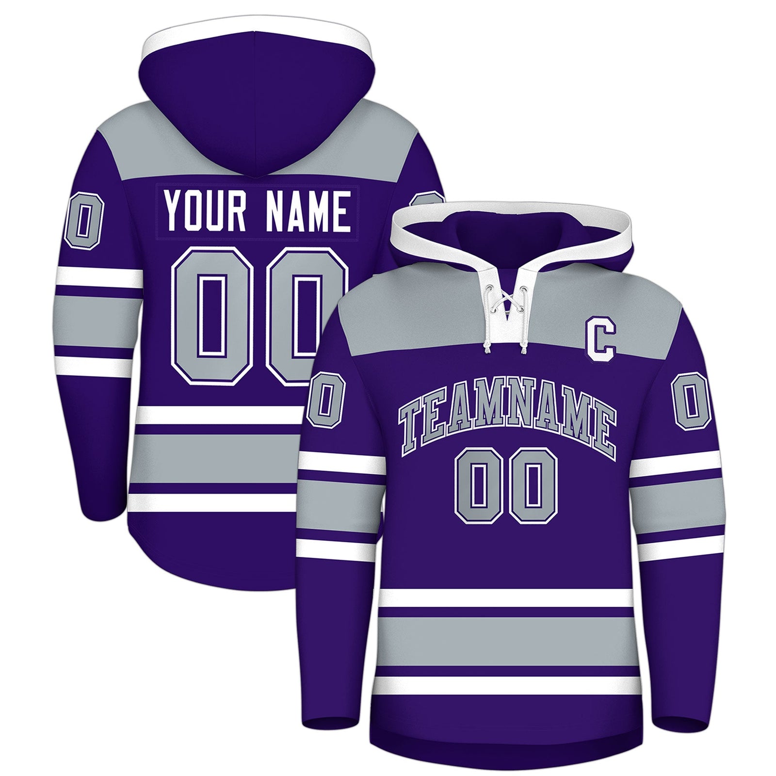 Custom Hockey Hoodie Jersey Purple Silver Raglan Sleeves Lace-Up Neck Personal Name & Number & Logo