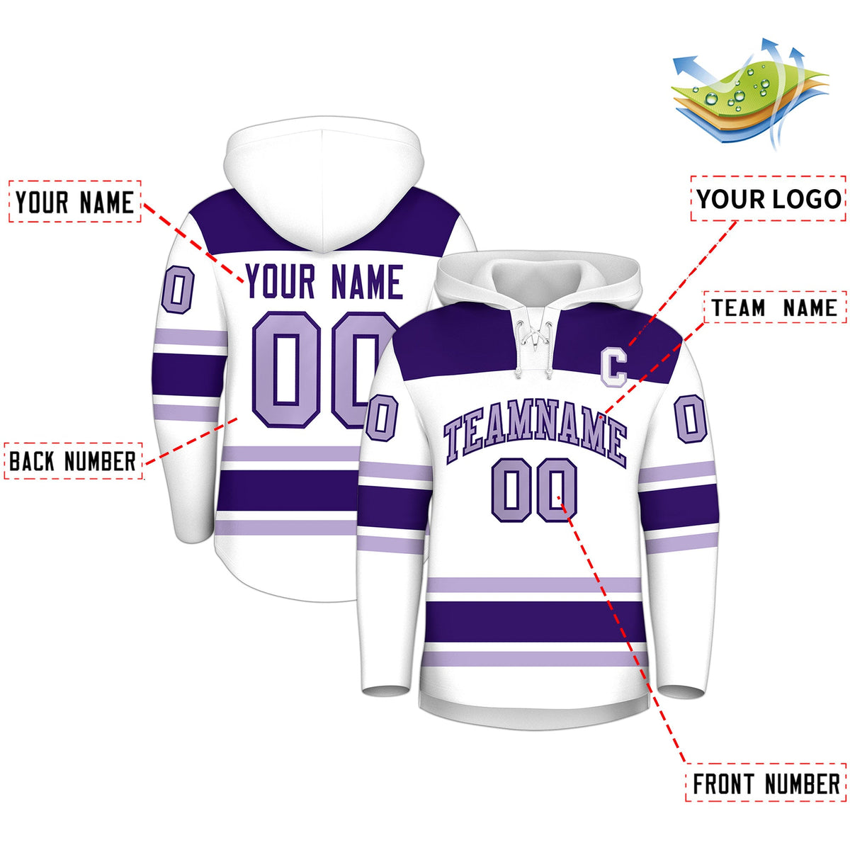 Custom Hockey Hoodie Jersey White Purple Raglan Sleeves Lace-Up Neck Personalized Jersey for Men &amp; Youth