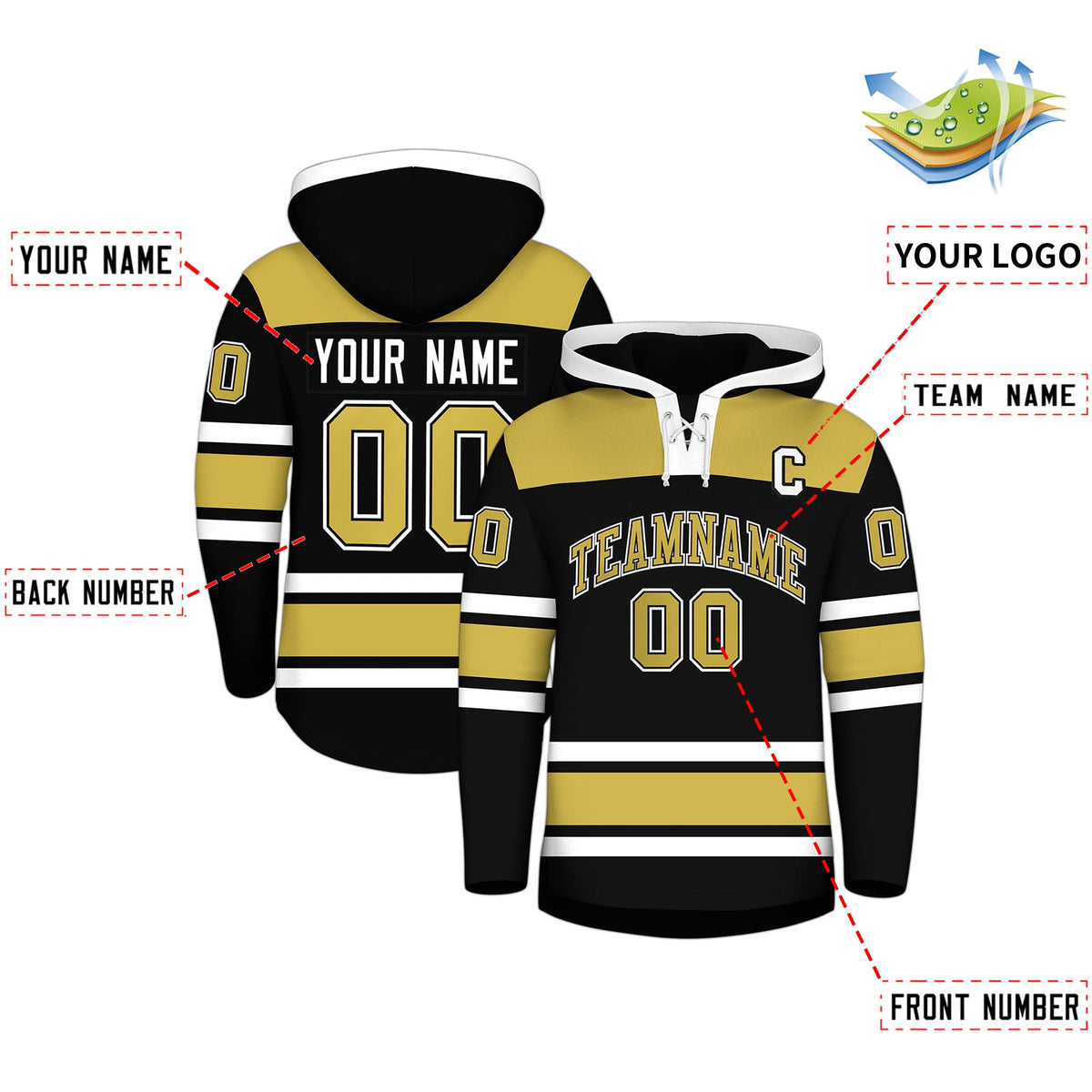 Custom Hockey Hoodie Jersey Black Old Gold Raglan Sleeves Lace-Up Neck Personal Name &amp; Number &amp; Logo