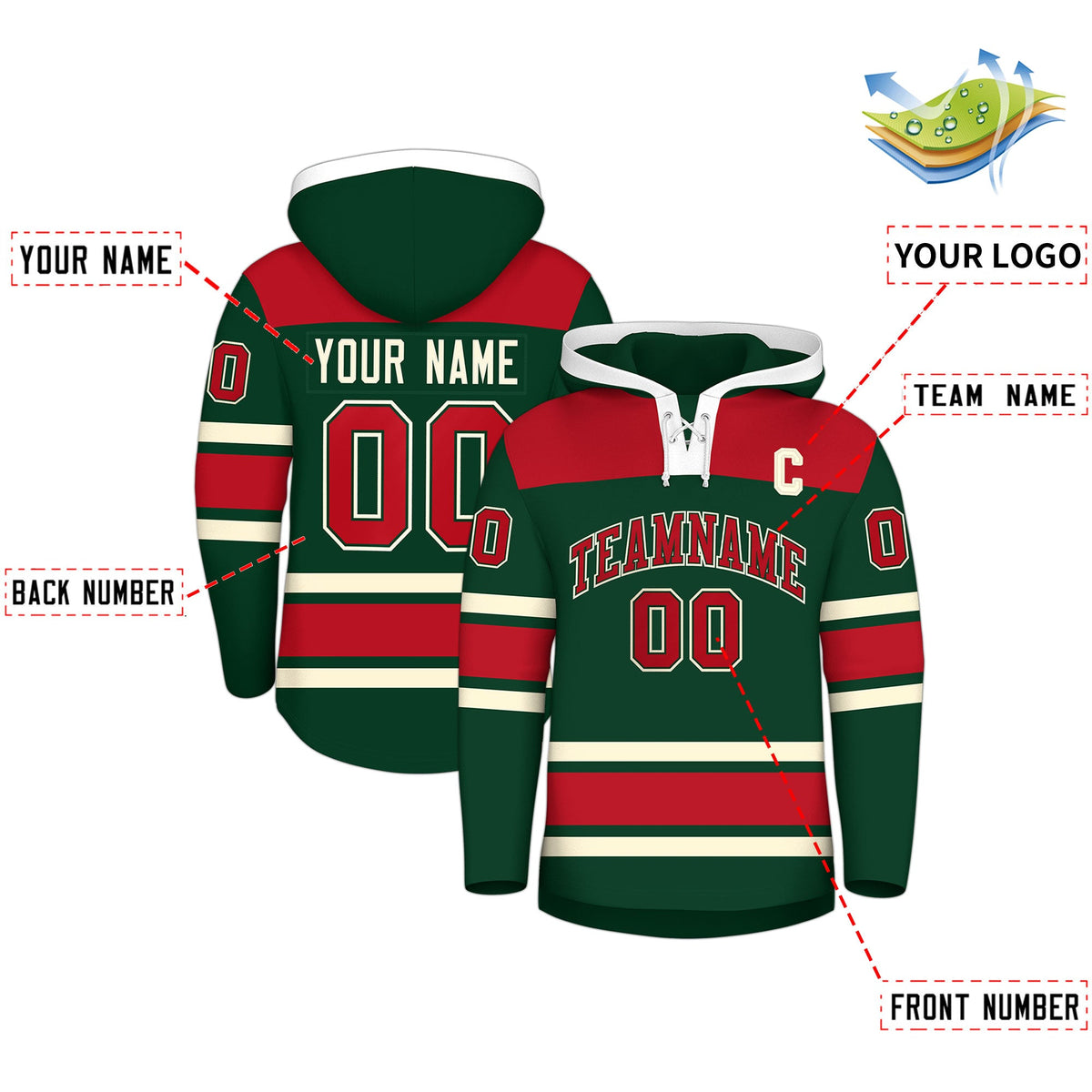 Custom Hockey Hoodie Jersey Green Red Raglan Sleeves Lace-Up Neck Classic Team Colors Hoodie
