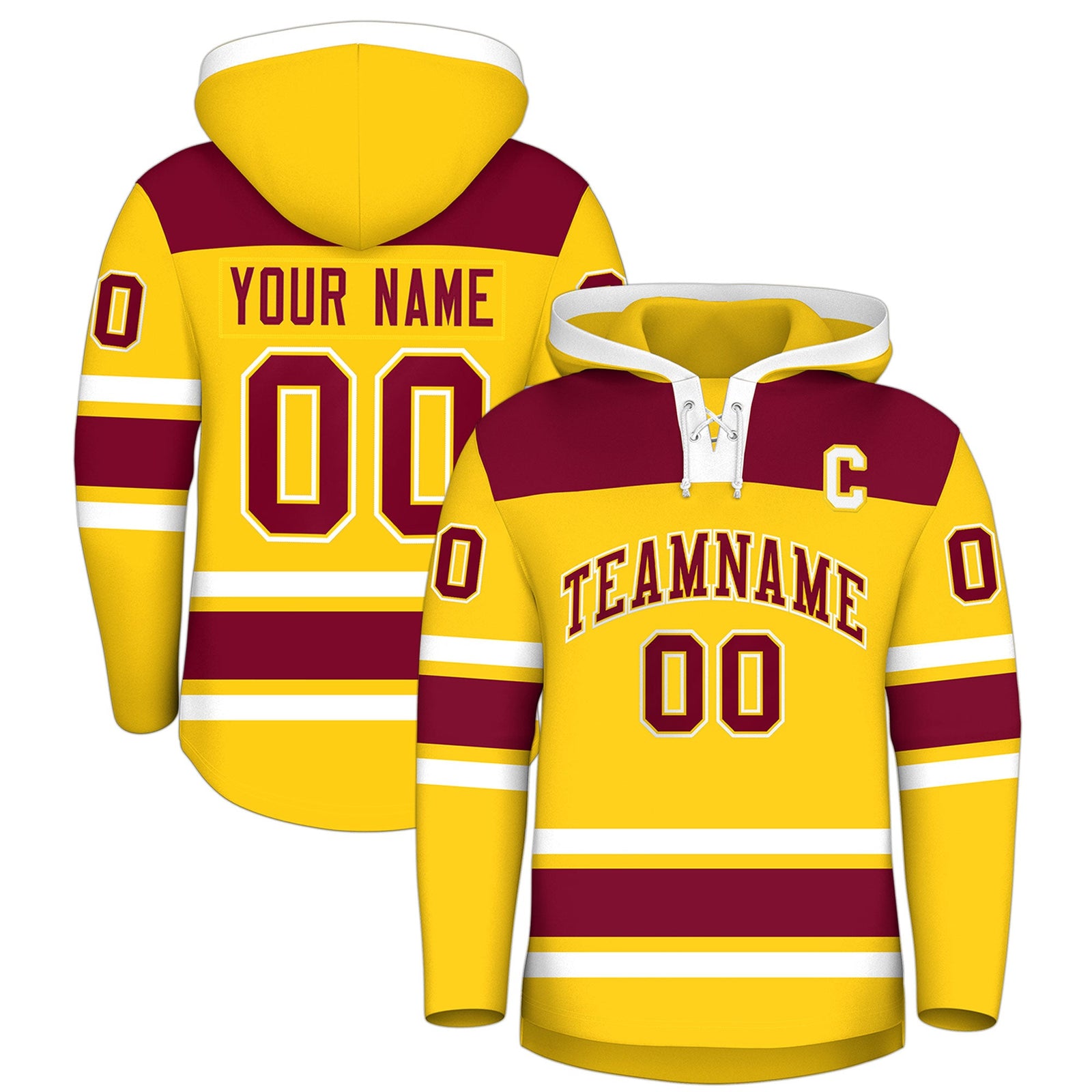 Custom Hockey Hoodie Jersey Gold Crimson Raglan Sleeves Lace-Up Neck Personalized Jersey for Men & Youth