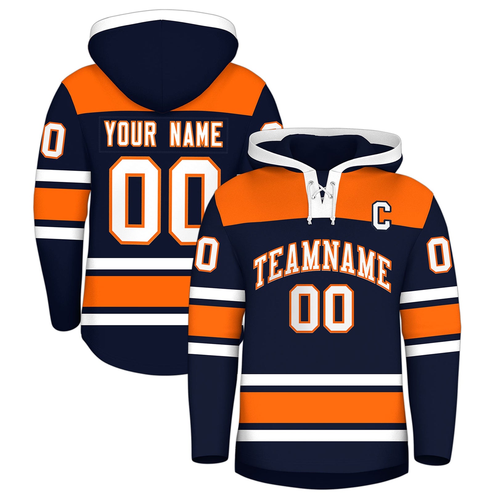 Custom Hockey Hoodie Jersey Navy Orange Raglan Sleeves Lace-Up Neck Personal Name & Number & Logo