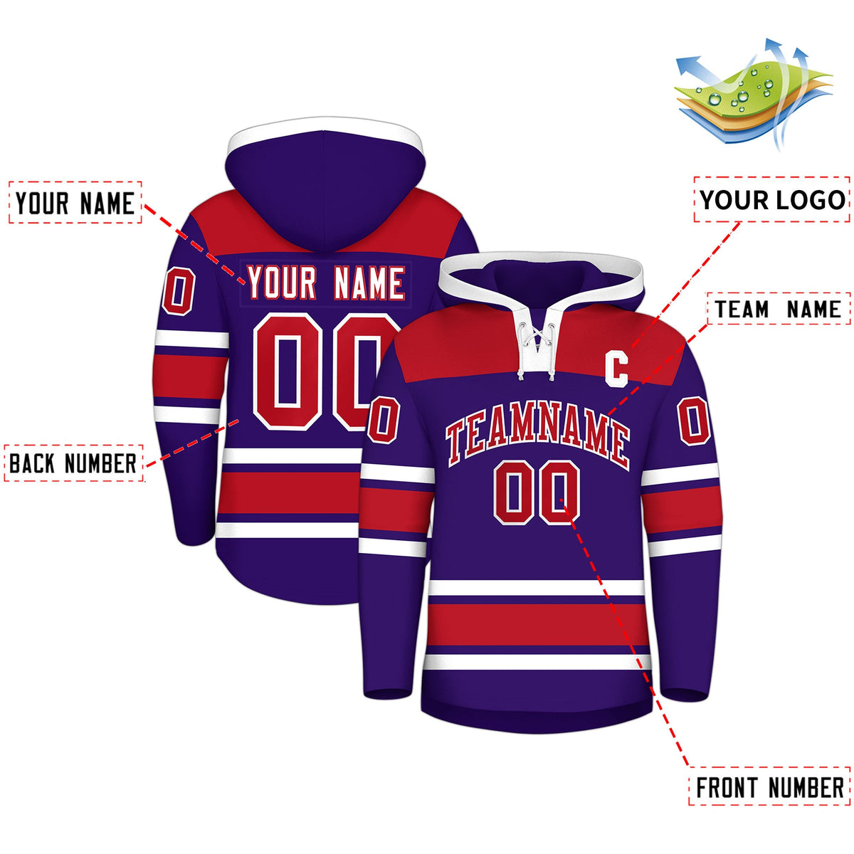 Custom Hockey Hoodie Jersey Purple Red Raglan Sleeves Lace-Up Neck Classic Team Colors Hoodie