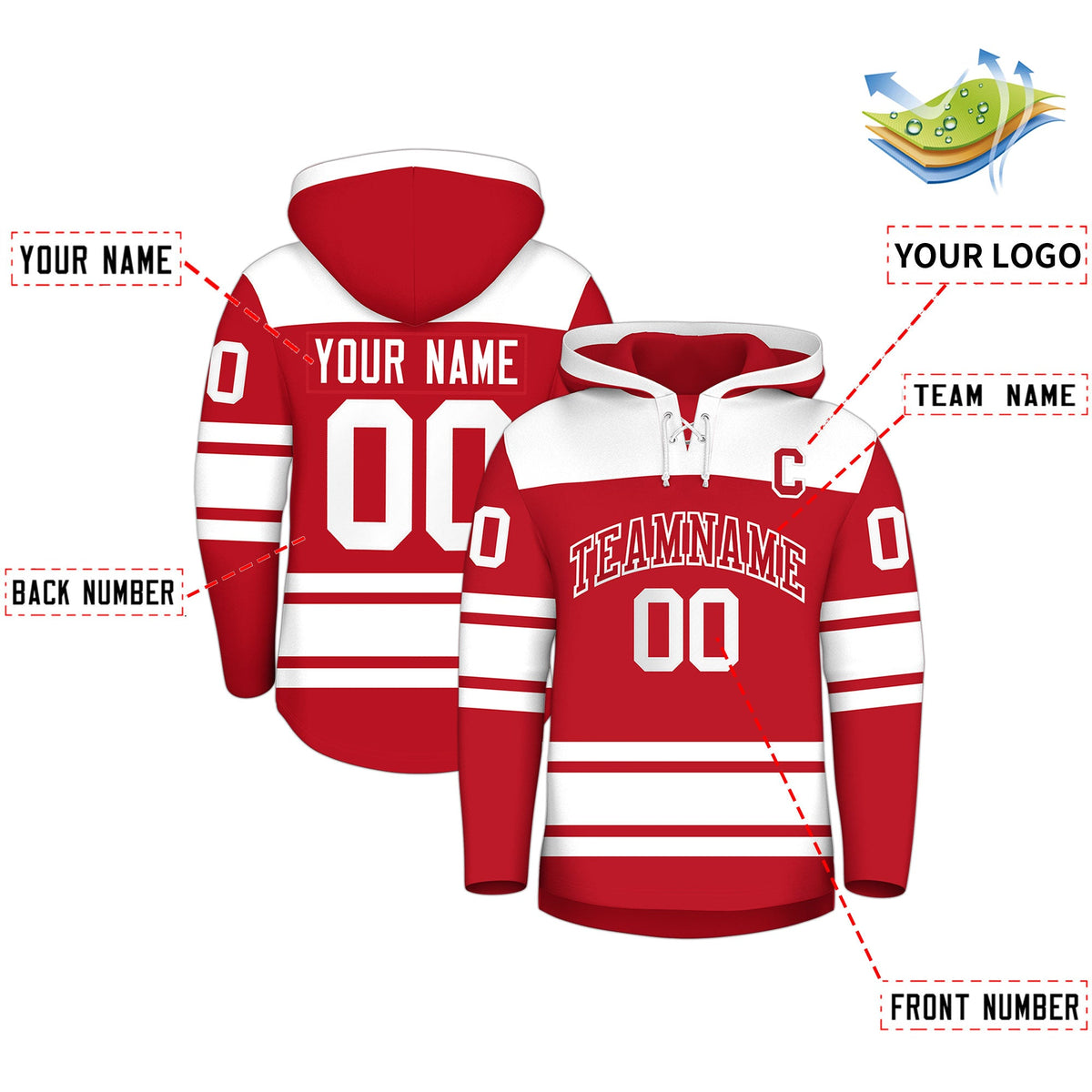 Custom Hockey Hoodie Jersey Red White Raglan Sleeves Lace-Up Neck Personalized Jersey for Men &amp; Youth