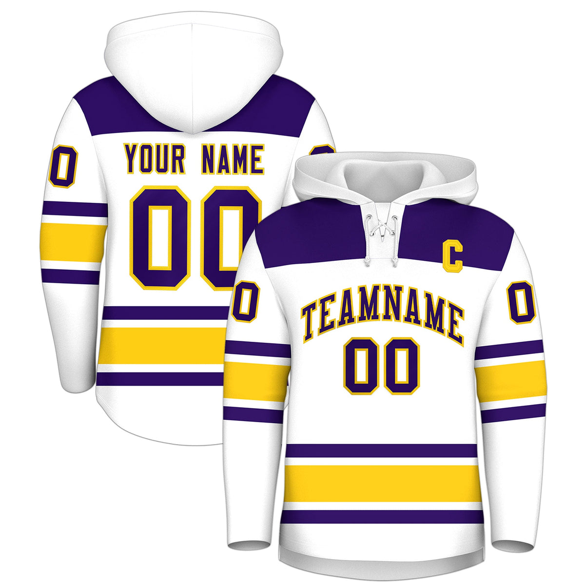 Custom Hockey Hoodie Jersey White Gold Raglan Sleeves Lace-Up Neck Personal Name &amp; Number &amp; Logo