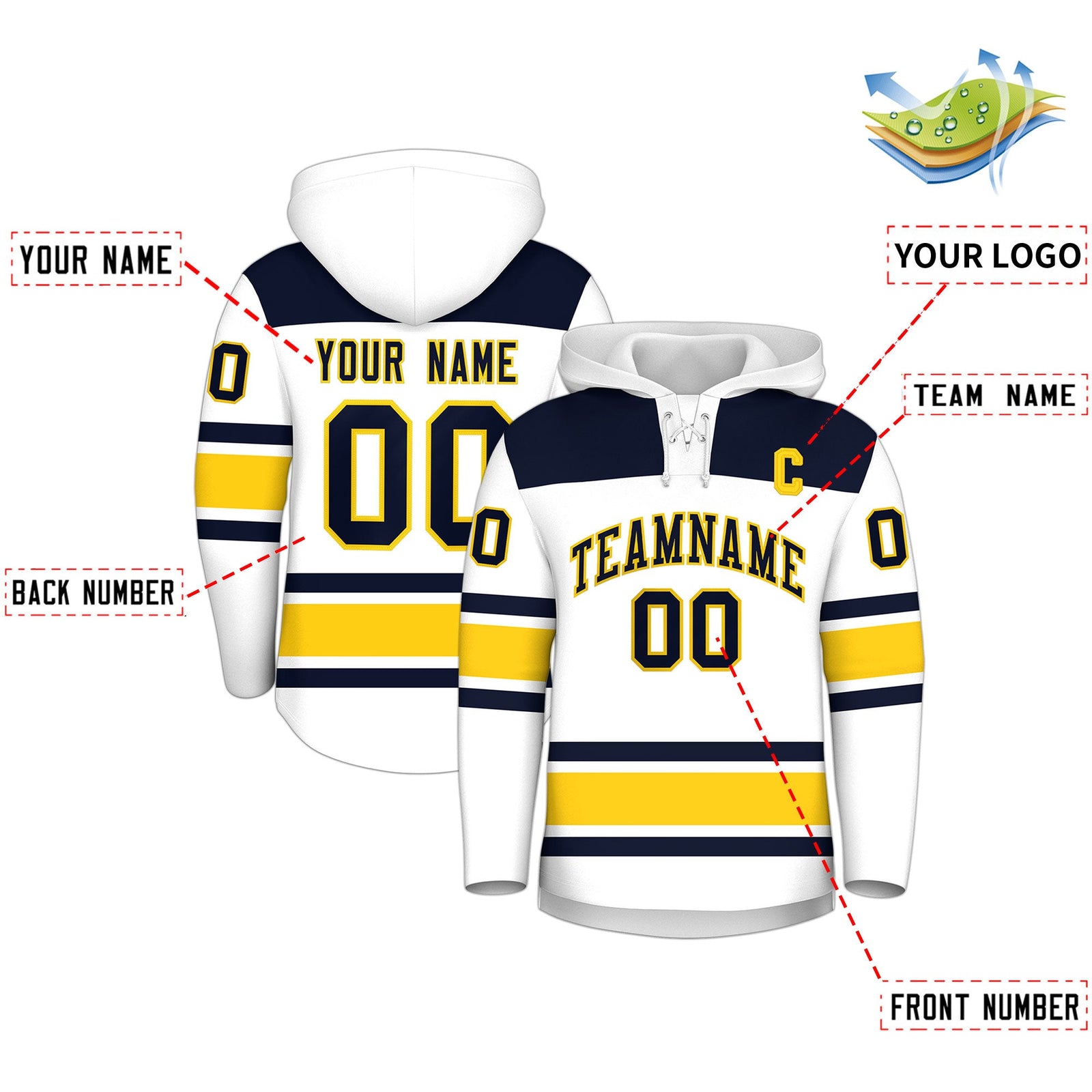Custom Hockey Hoodie Jersey White Navy Raglan Sleeves Lace-Up Neck Classic Team Colors Hoodie