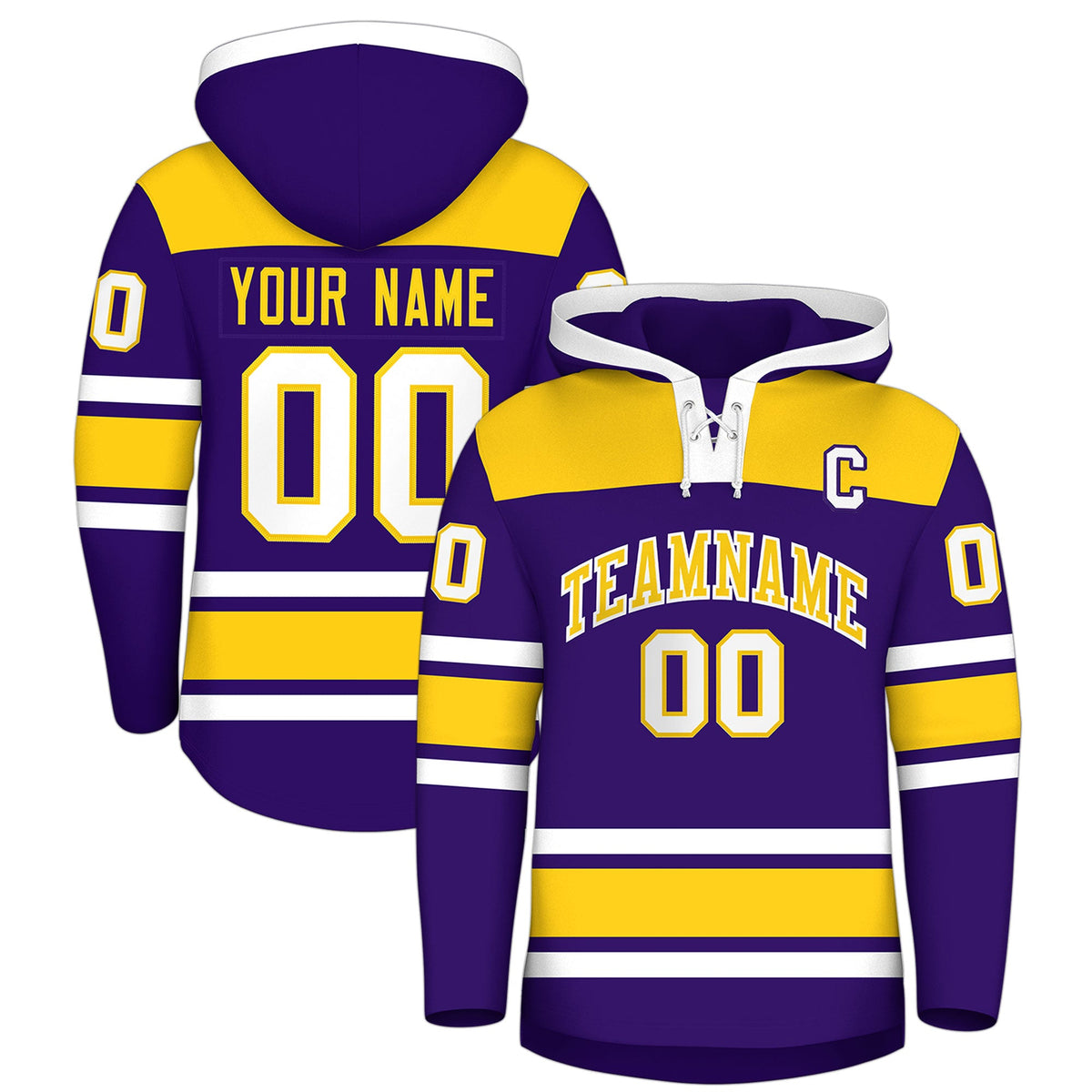 Custom Hockey Hoodie Jersey Purple Gold Raglan Sleeves Lace-Up Neck Personalized Jersey for Men &amp; Youth