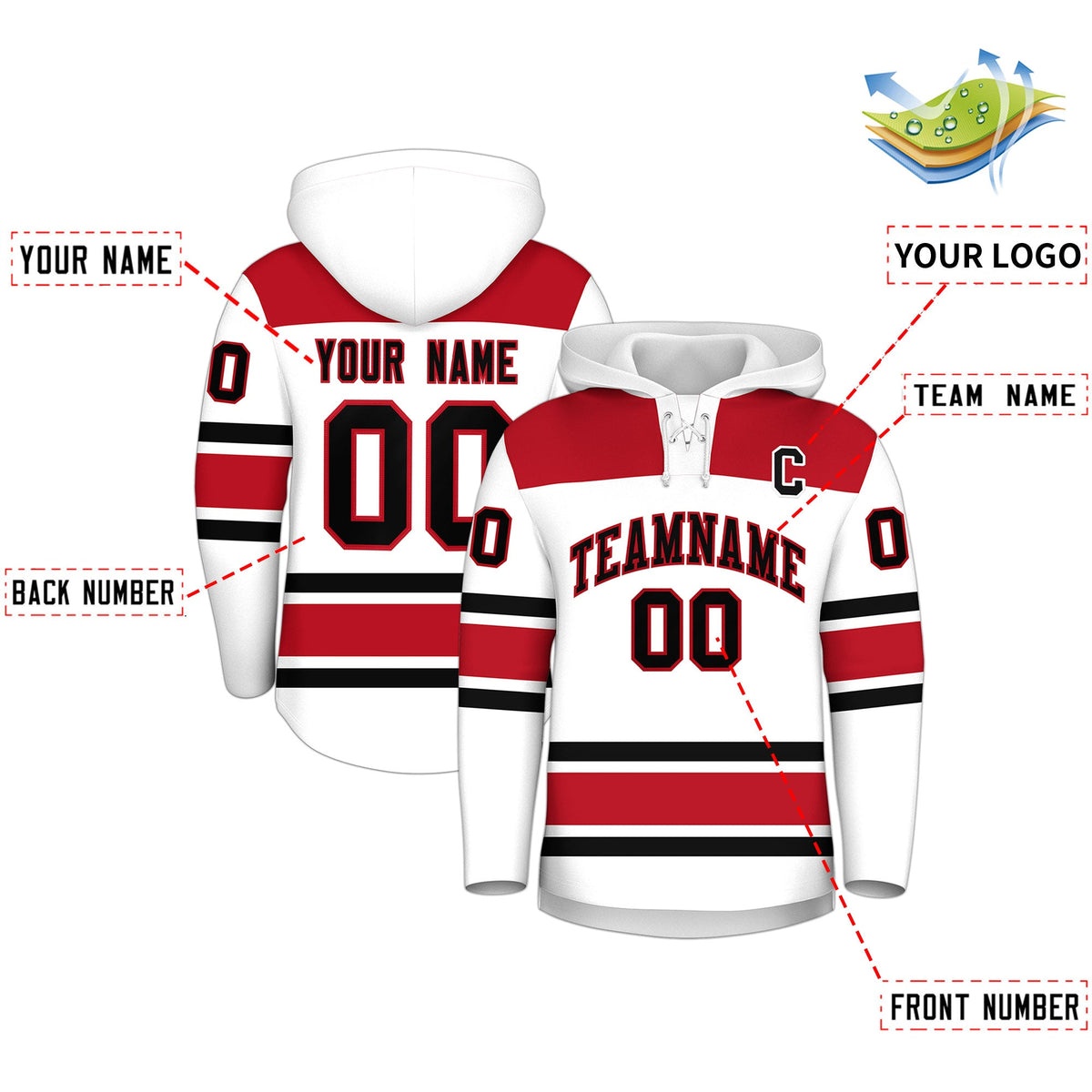 Custom Hockey Hoodie Jersey White Red Raglan Sleeves Lace-Up Neck Classic Team Colors Hoodie
