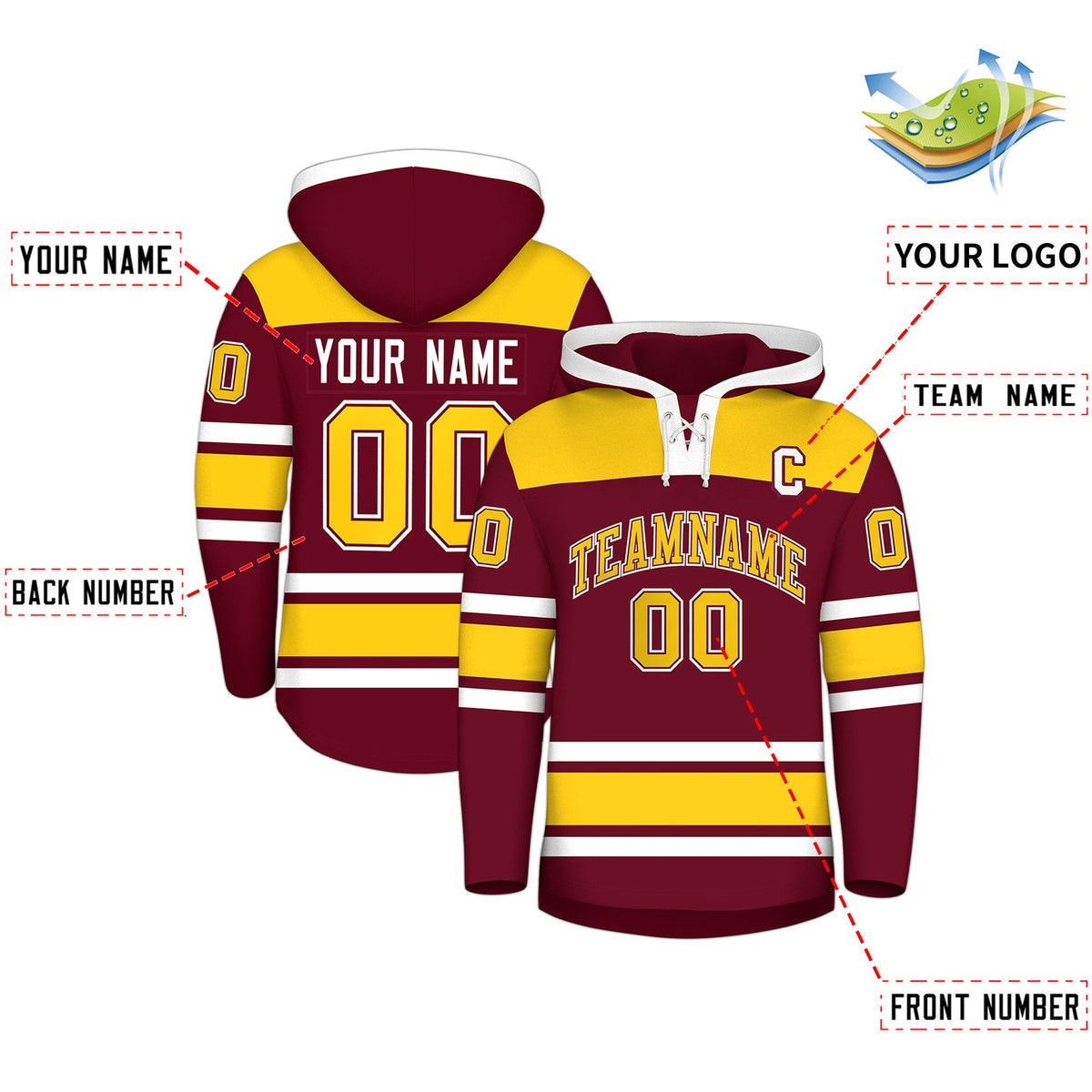 Custom Hockey Hoodie Jersey Crimson Gold Raglan Sleeves Lace-Up Neck Personalized Jersey for Men &amp; Youth
