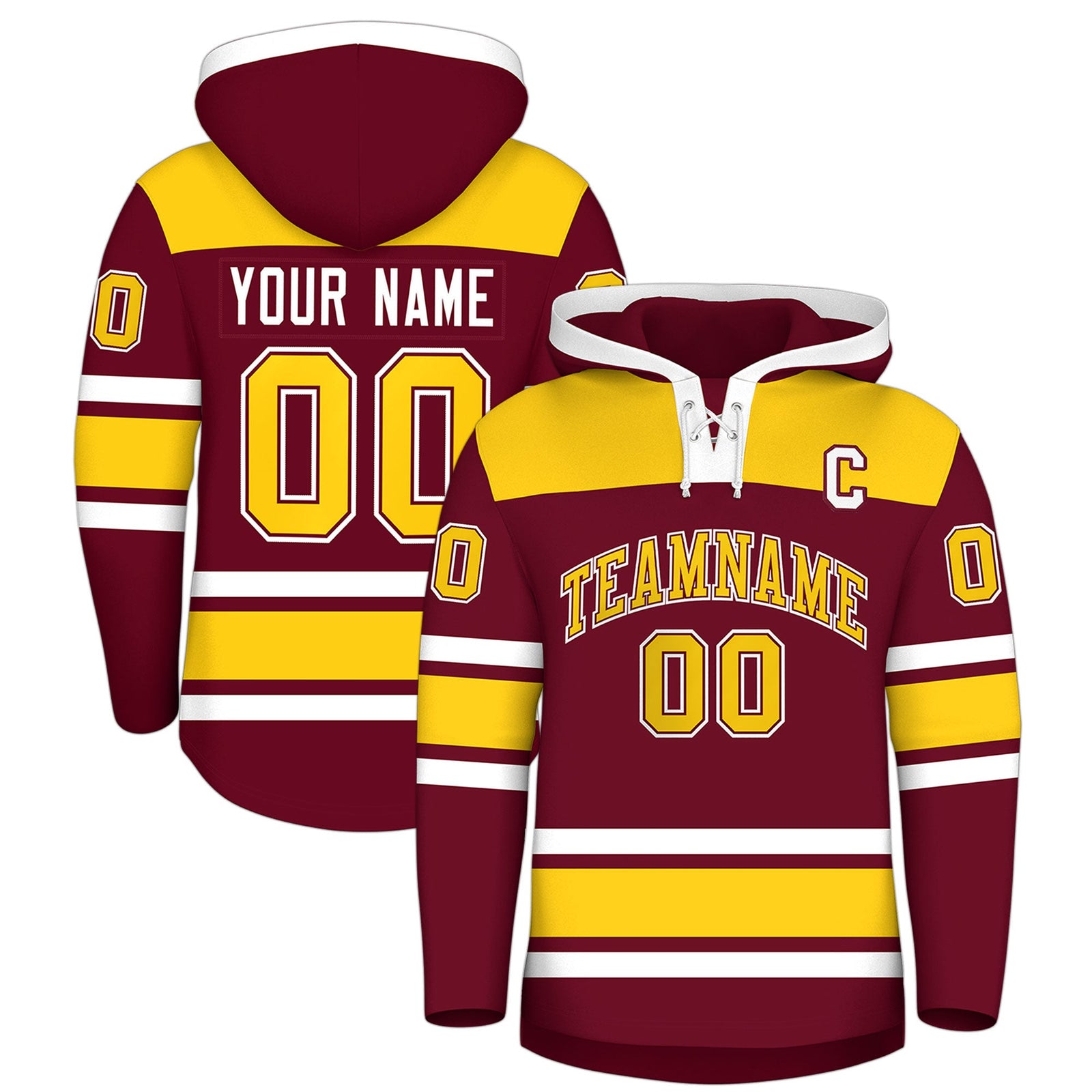 Custom Hockey Hoodie Jersey Crimson Gold Raglan Sleeves Lace-Up Neck Personalized Jersey for Men & Youth