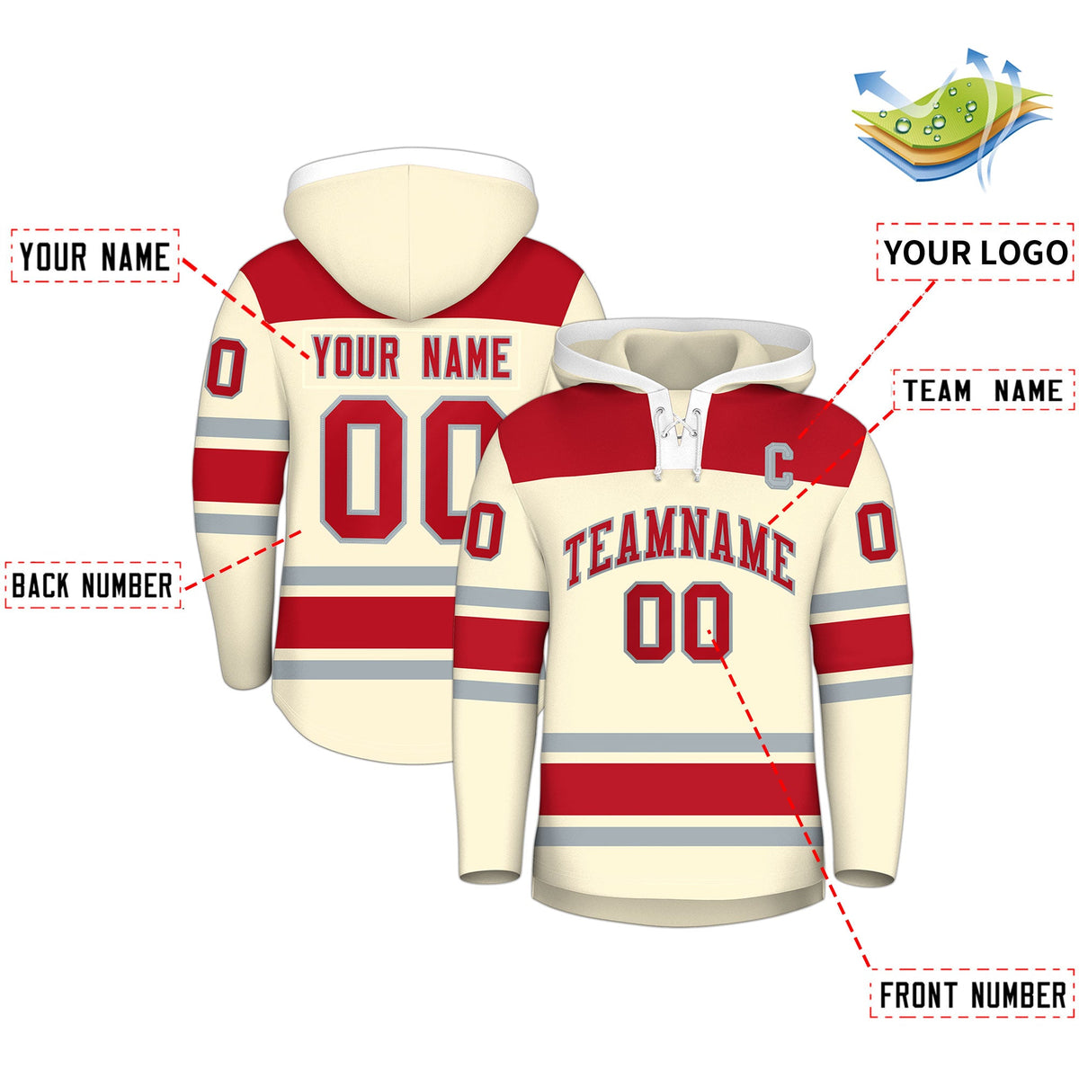 Custom Hockey Hoodie Jersey Cream Red Raglan Sleeves Lace-Up Neck Personal Name &amp; Number &amp; Logo