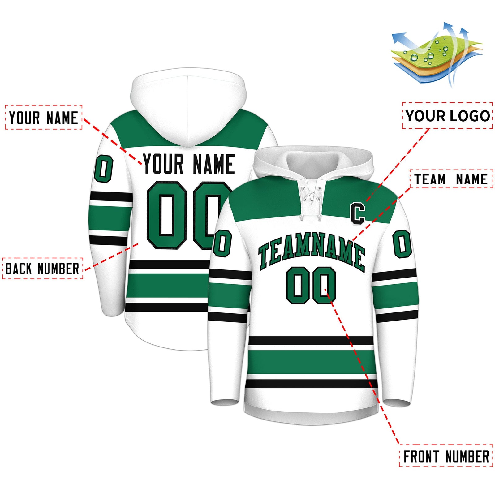 Custom Hockey Hoodie Jersey White Kelly Green Raglan Sleeves Lace-Up Neck Personalized Jersey for Men & Youth