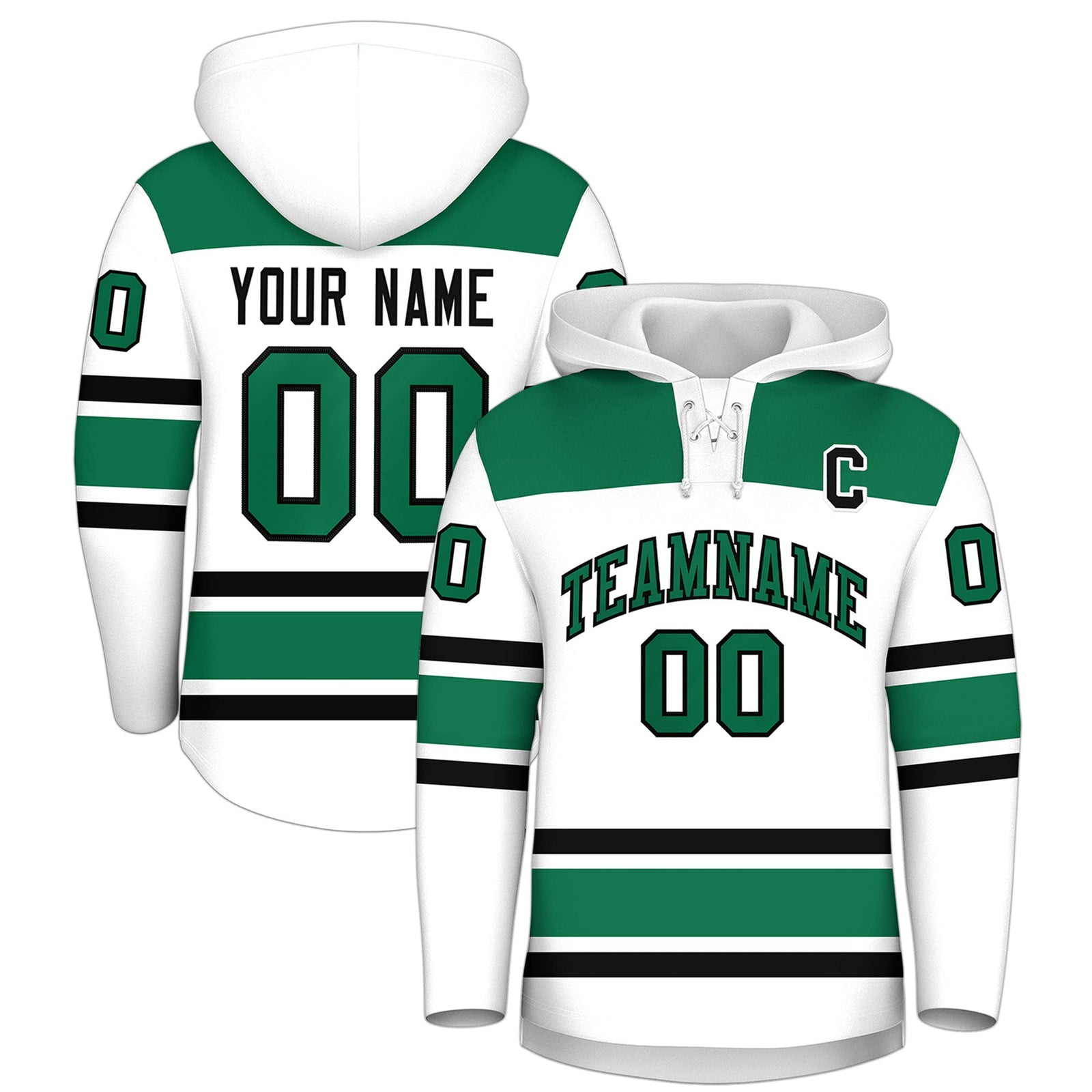 Custom Hockey Hoodie Jersey White Kelly Green Raglan Sleeves Lace-Up Neck Personalized Jersey for Men & Youth