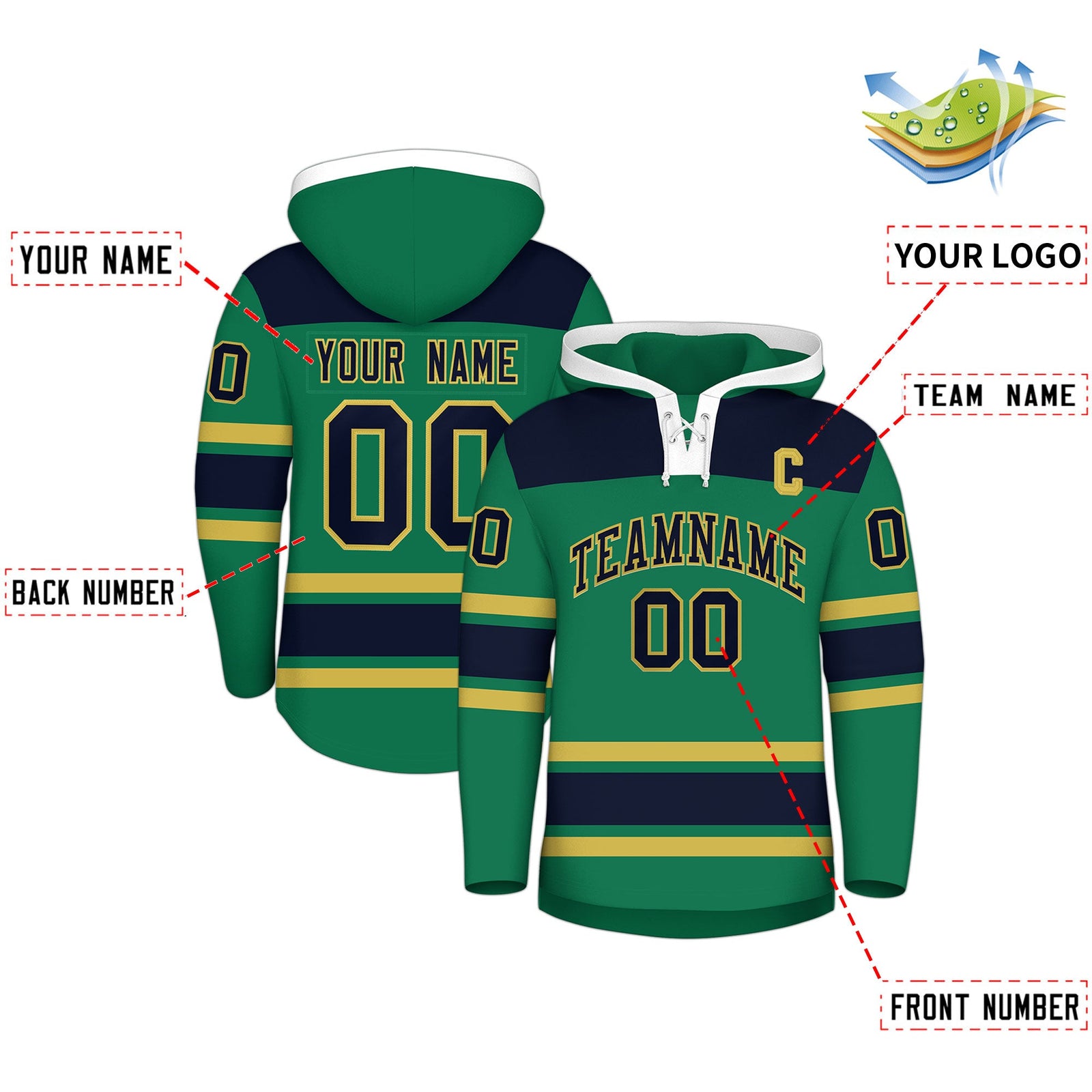 Custom Hockey Hoodie Jersey Kelly Green Old Gold Raglan Sleeves Lace-Up Neck Classic Team Colors Hoodie