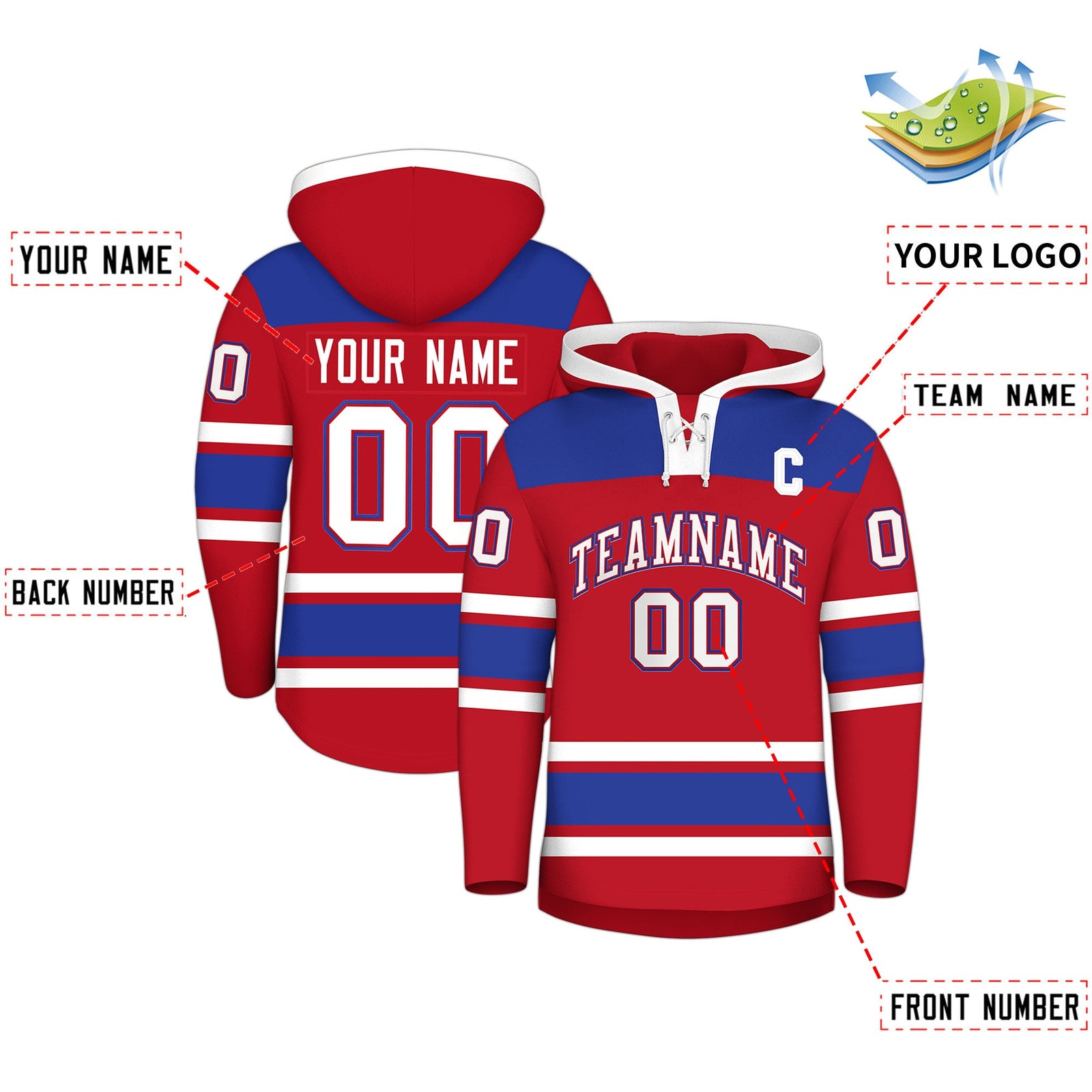 Custom Hockey Hoodie Jersey Red Royal Blue Raglan Sleeves Lace-Up Neck Personalized Jersey for Men & Youth