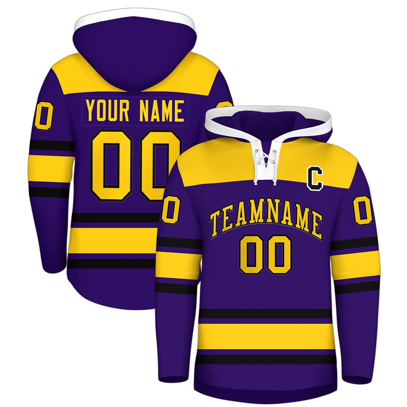 Custom Hockey Hoodie Jersey Purple Gold Raglan Sleeves Lace-Up Neck Personal Name & Number & Logo