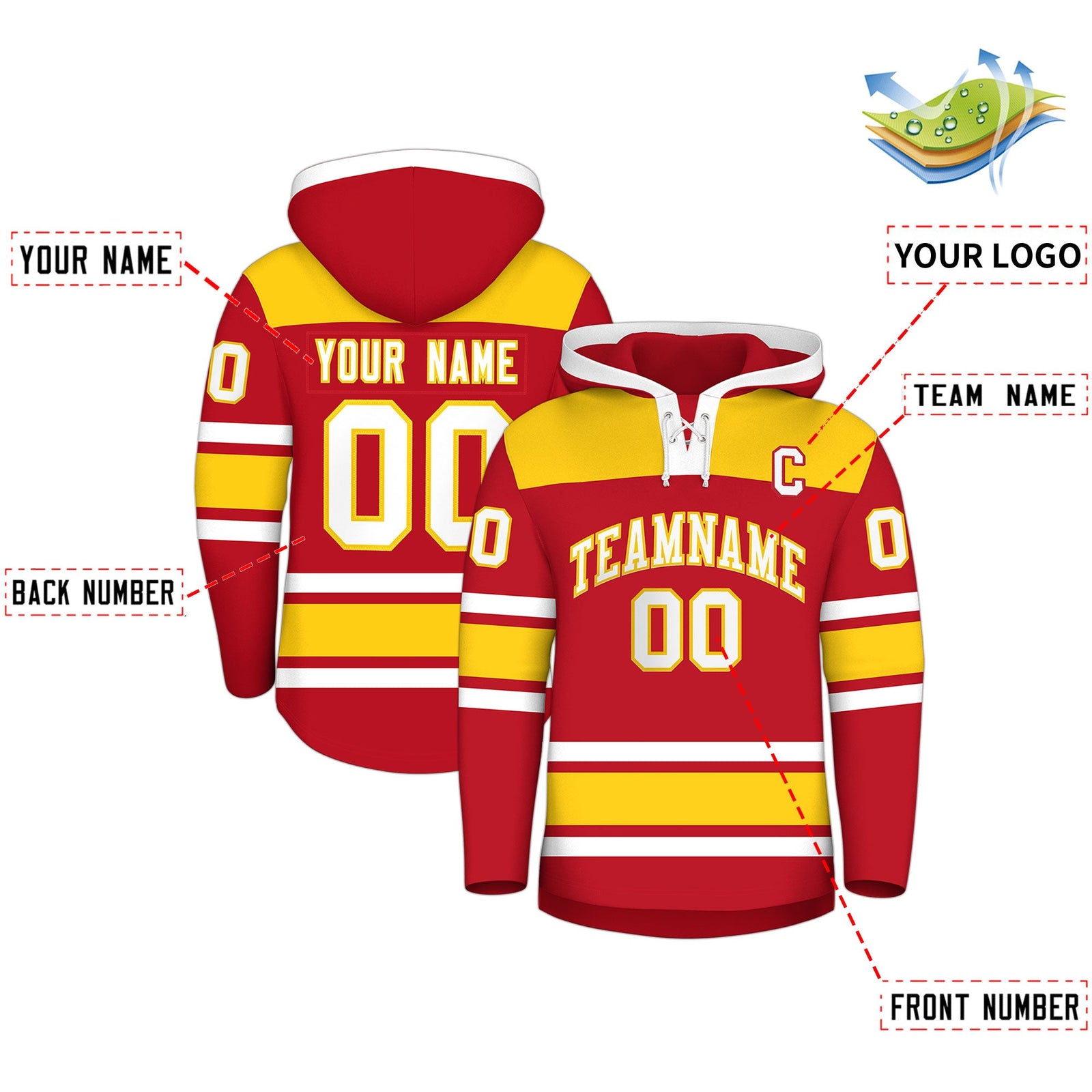 Custom Hockey Hoodie Jersey Red Gold Raglan Sleeves Lace-Up Neck Personalized Jersey for Men & Youth