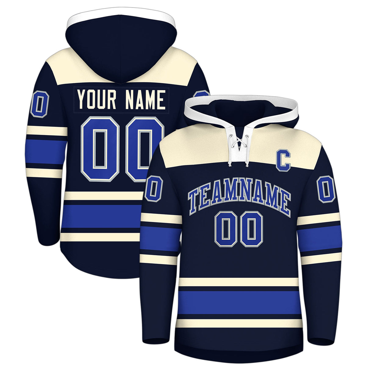 Custom Hockey Hoodie Jersey Navy Cream Raglan Sleeves Lace-Up Neck Personal Name &amp; Number &amp; Logo
