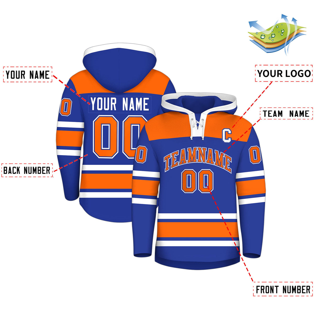 Custom Hockey Hoodie Jersey Royal Blue Orange Raglan Sleeves Lace-Up Neck Classic Team Colors Hoodie