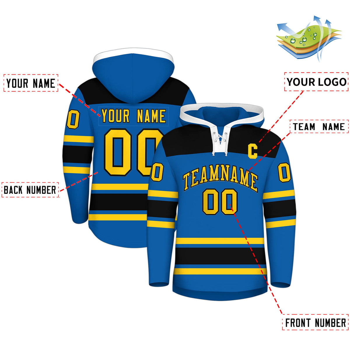 Custom Hockey Hoodie Jersey Royal Black Raglan Sleeves Lace-Up Neck Personalized Jersey for Men &amp; Youth