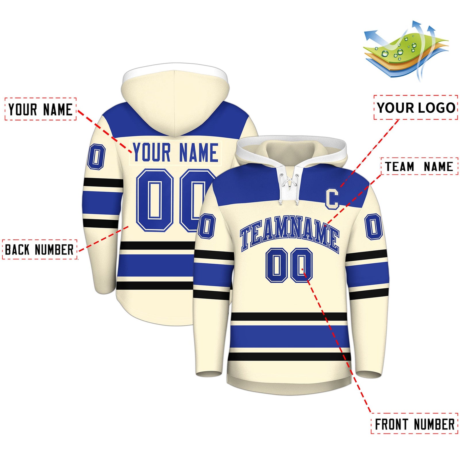 Custom Hockey Hoodie Jersey Cream Royal Blue Raglan Sleeves Lace-Up Neck Personal Name & Number & Logo