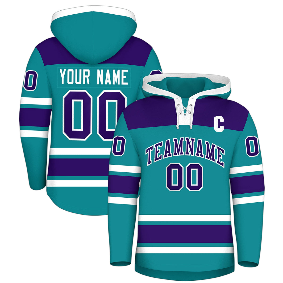 Custom Hockey Hoodie Jersey Teal Purple Raglan Sleeves Lace-Up Neck Classic Team Colors Hoodie