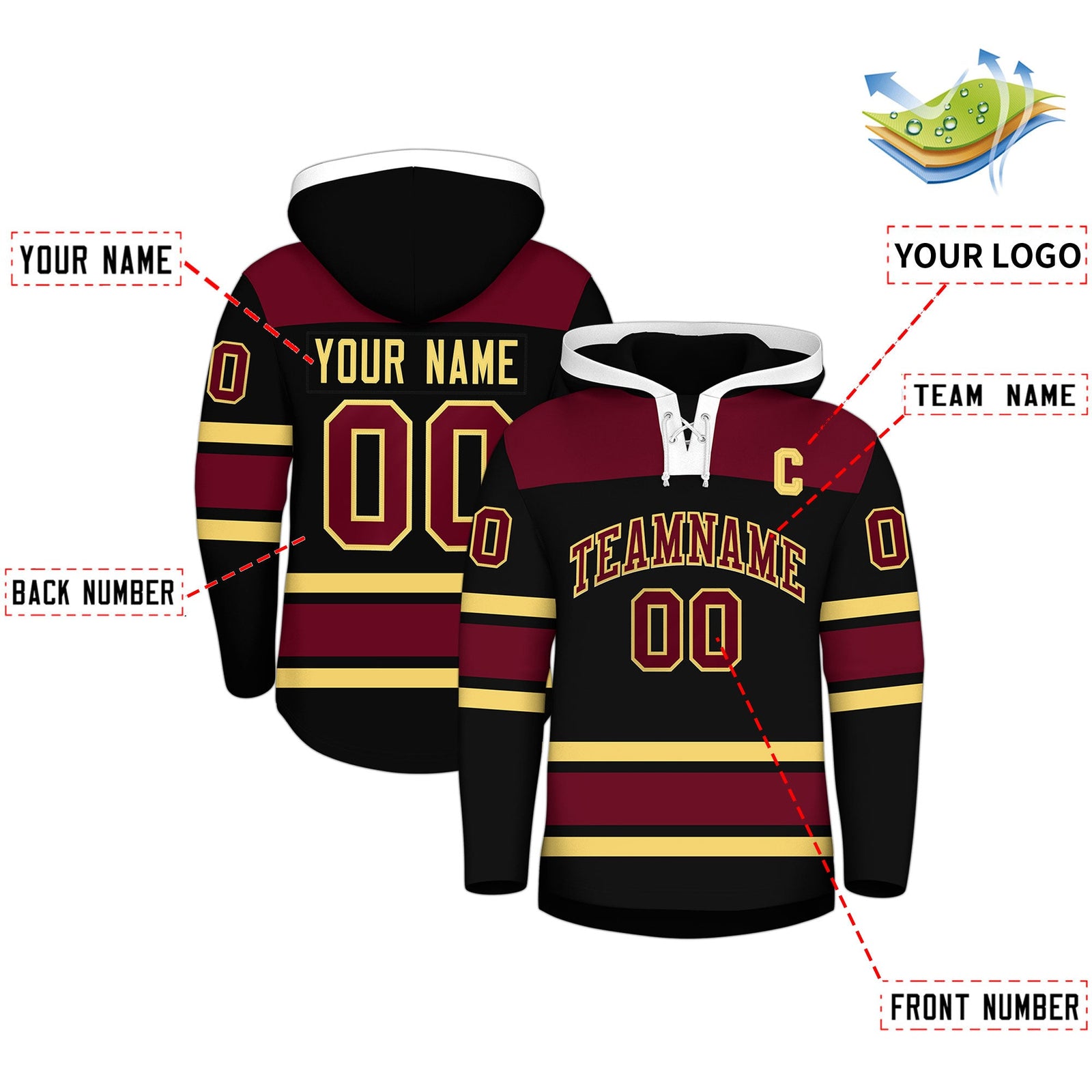 Custom Hockey Hoodie Jersey Black Crimson Raglan Sleeves Lace-Up Neck Personalized Jersey for Men & Youth