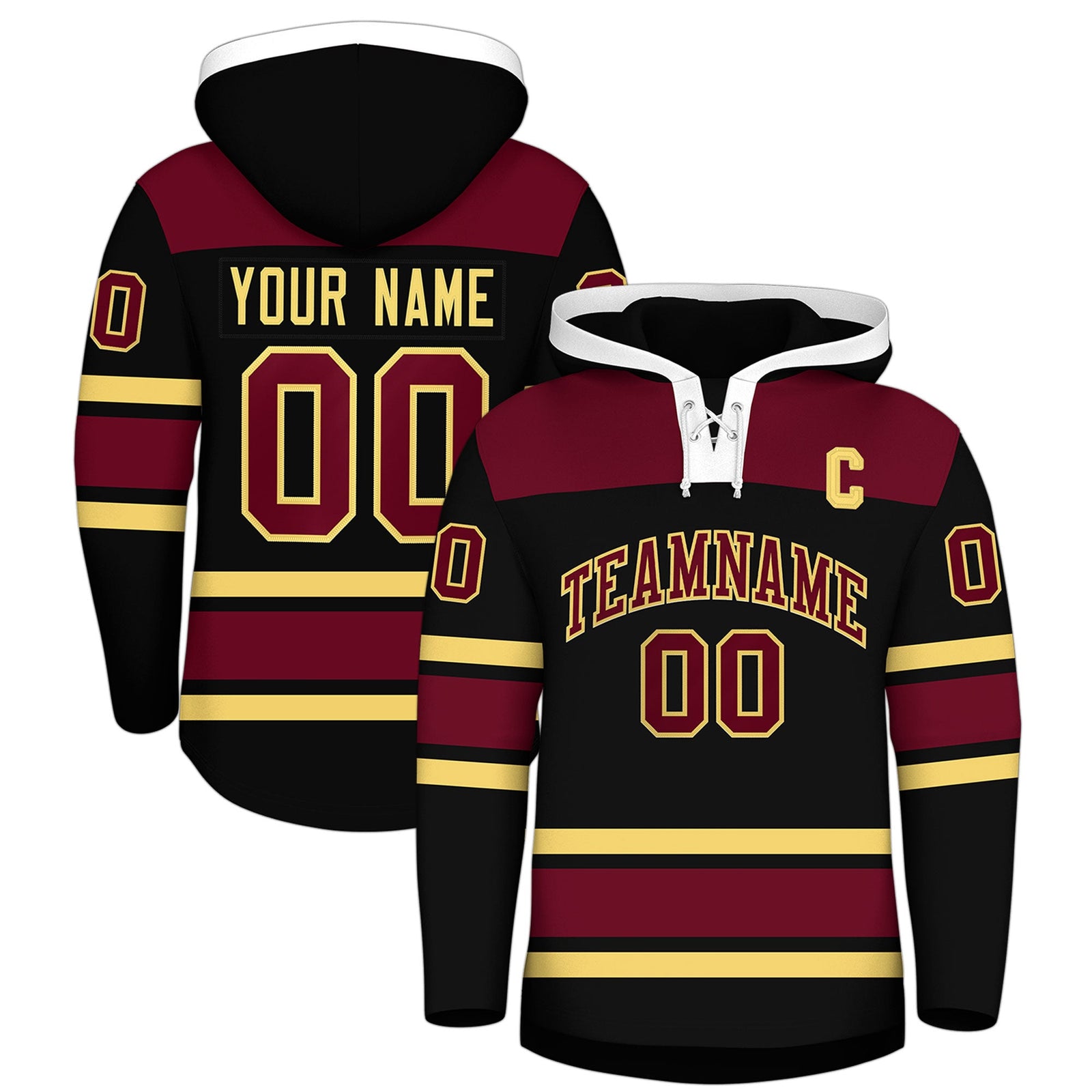 Custom Hockey Hoodie Jersey Black Crimson Raglan Sleeves Lace-Up Neck Personalized Jersey for Men & Youth