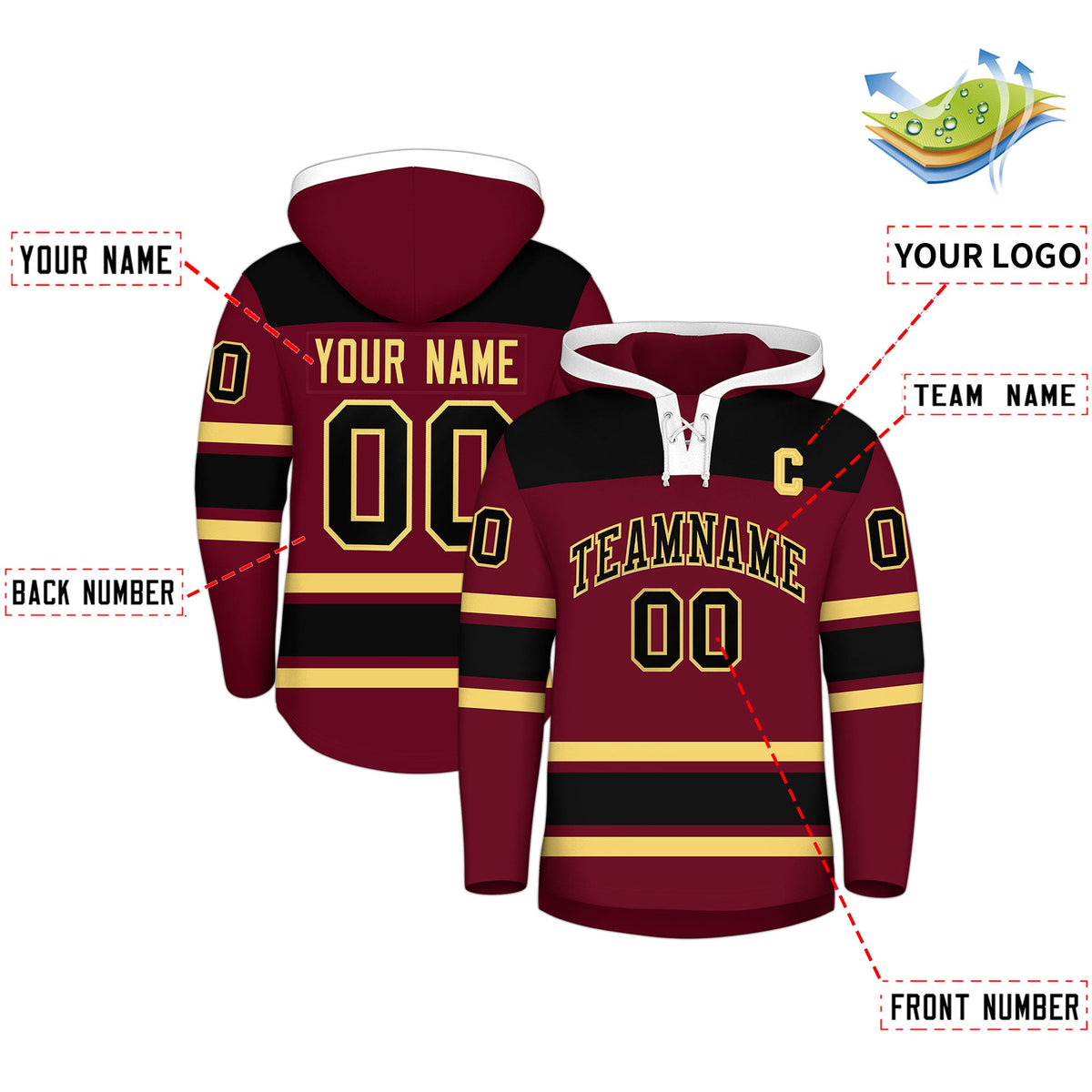 Custom Hockey Hoodie Jersey Crimson Black Raglan Sleeves Lace-Up Neck Personal Name &amp; Number &amp; Logo