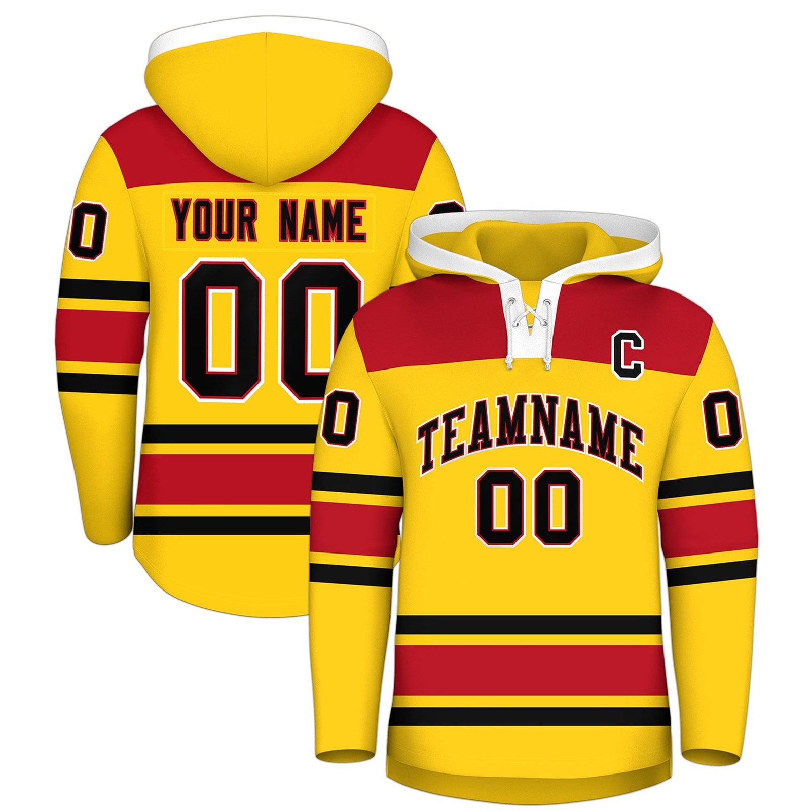 Custom Hockey Hoodie Jersey Gold Red Raglan Sleeves Lace-Up Neck Personal Name & Number & Logo