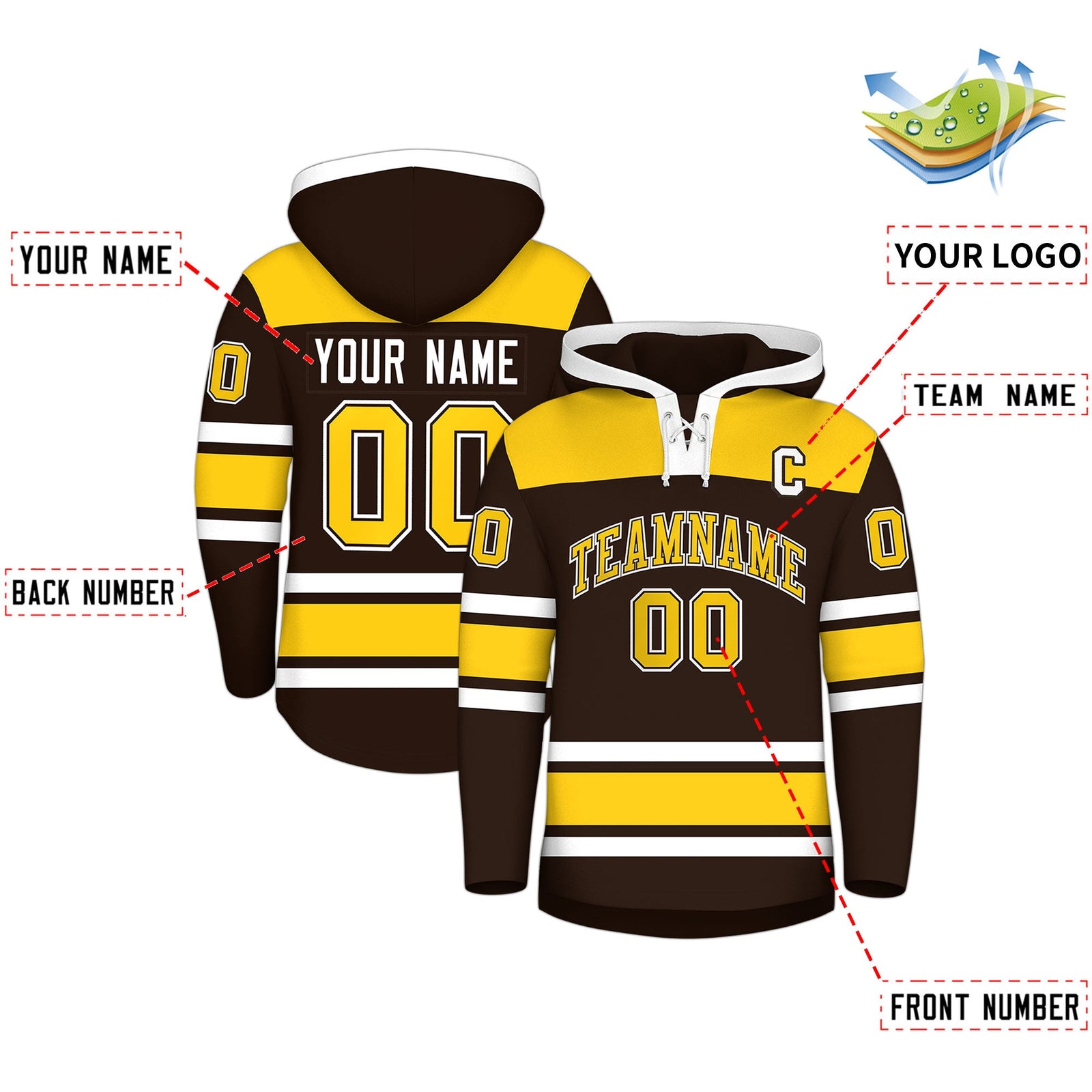 Custom Hockey Hoodie Jersey Brown Gold Raglan Sleeves Lace-Up Neck Personalized Jersey for Men & Youth