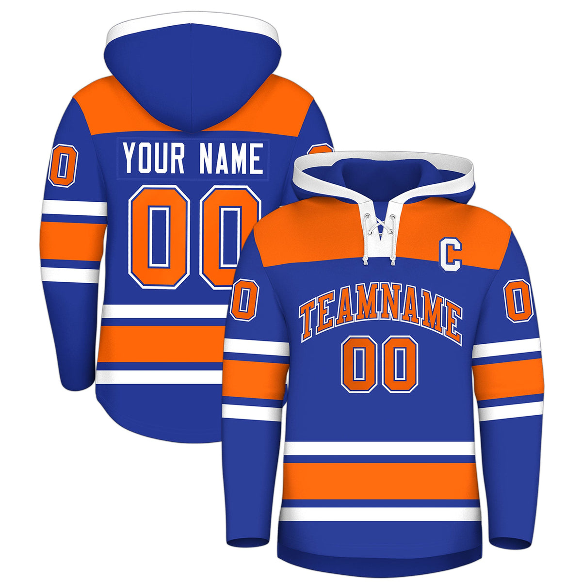 Custom Hockey Hoodie Jersey Royal Blue Orange Raglan Sleeves Lace-Up Neck Personal Name &amp; Number &amp; Logo
