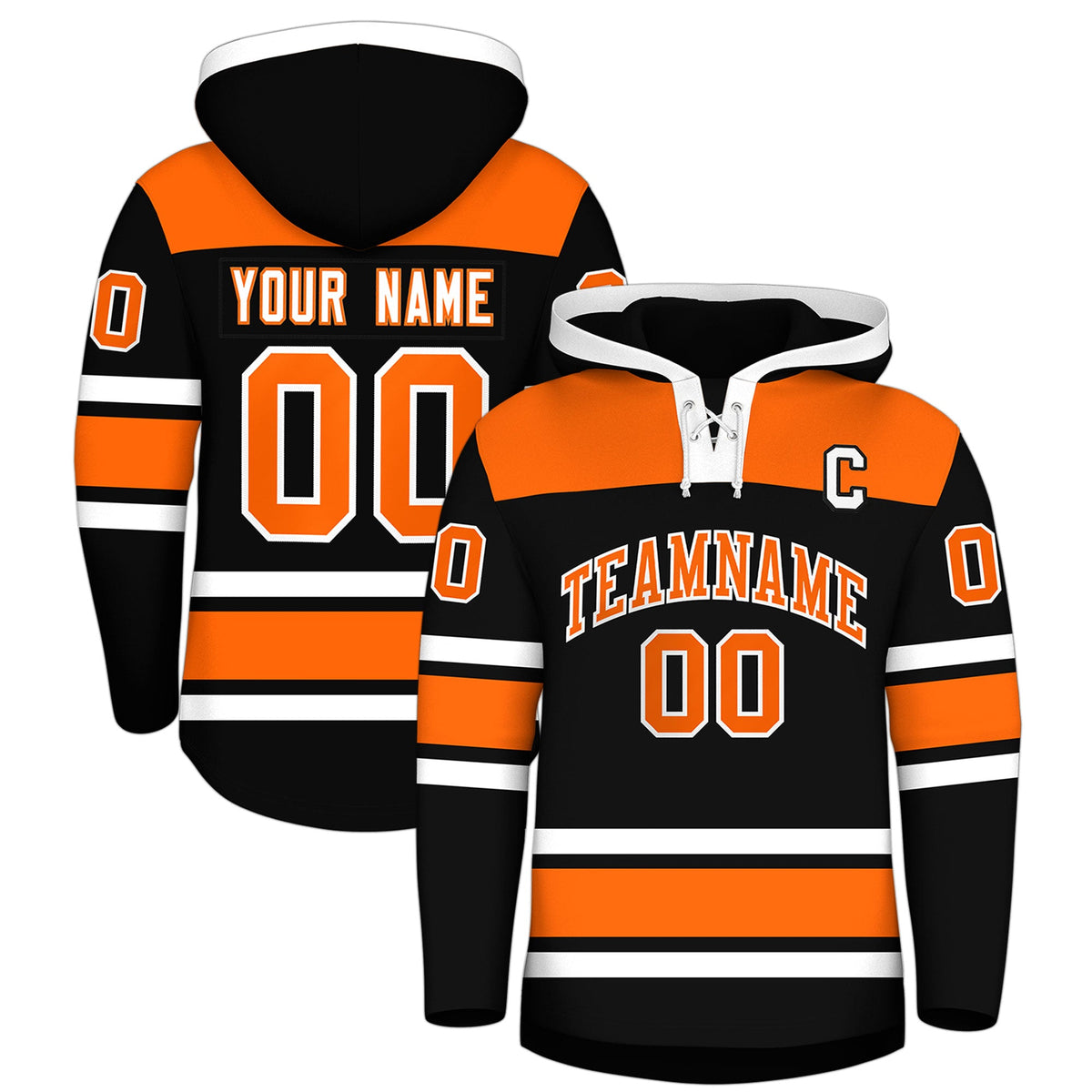 Custom Hockey Hoodie Jersey Black Orange Raglan Sleeves Lace-Up Neck Personalized Jersey for Men &amp; Youth